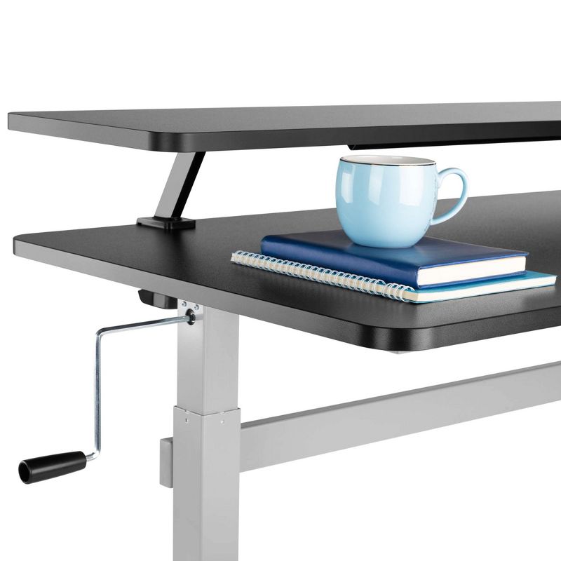 Tranzendesk Standing Desk with Clamp-On Shelf - 55" Sit to Stand Workstation with 55" Monitor Stand - Black with Silver Legs - Stand Steady
