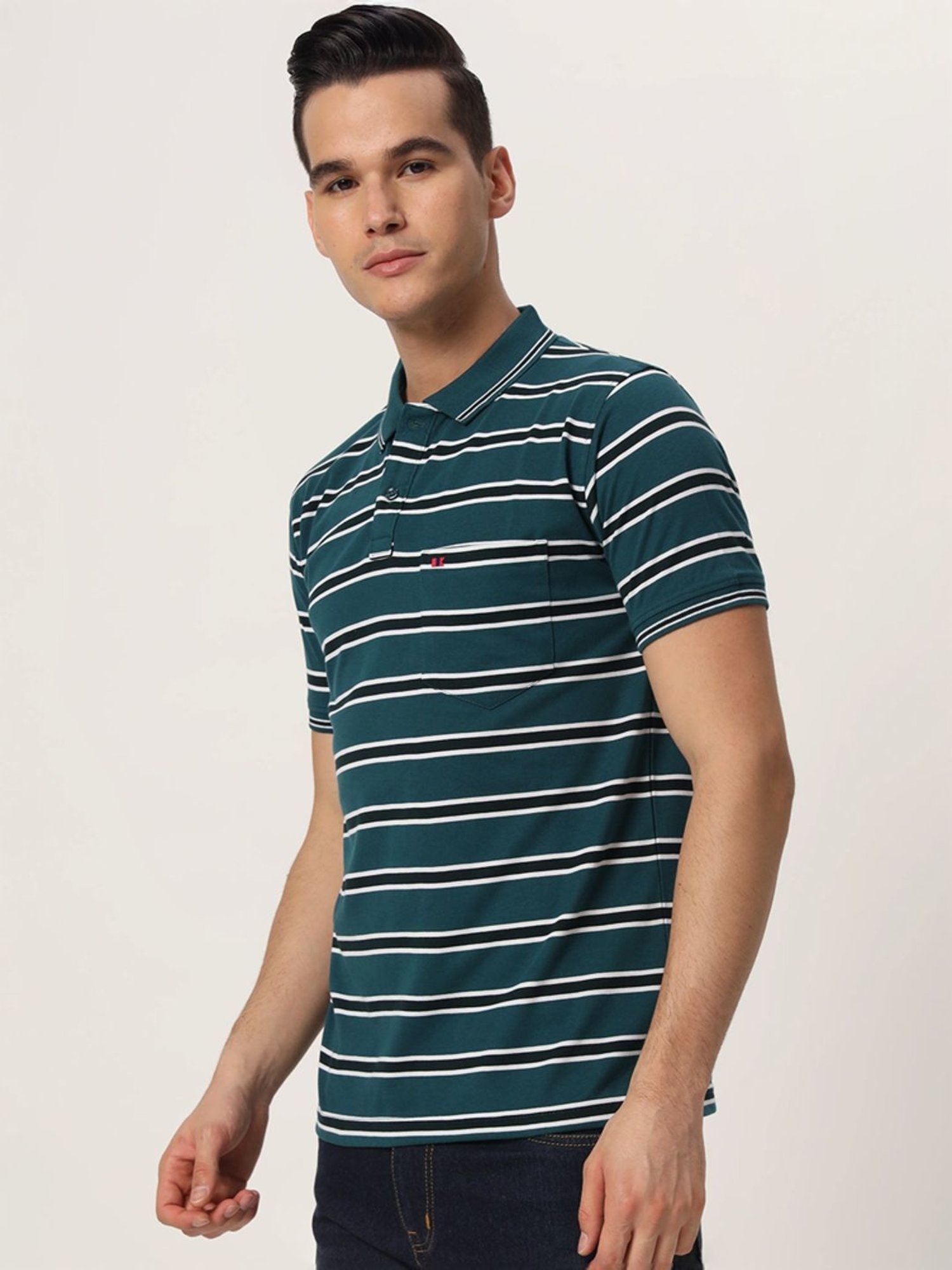 Tab91 Turquoise Regular Fit Striped Polo T-Shirts