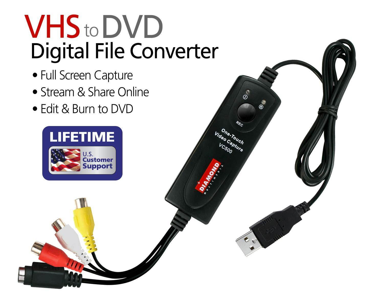 Diamond VC500 USB 2.0 One Touch VHS to DVD Video Capture Device with Easy to use Software, Convert, Edit and Save to Digital Files For Win7, Win8 and Win10