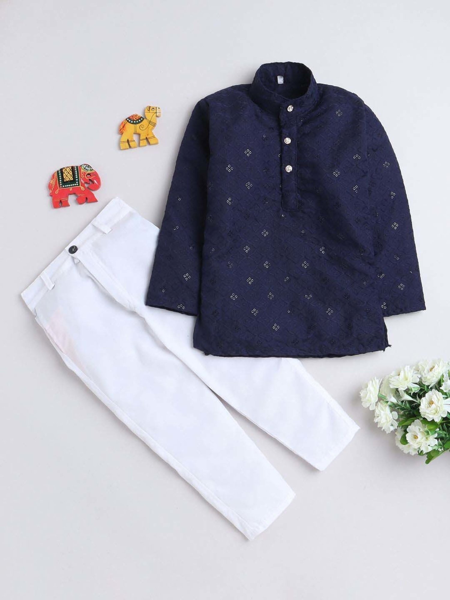Fourfolds Boys Navy Blue Cotton Embroidery Full Sleeves Kurta Set