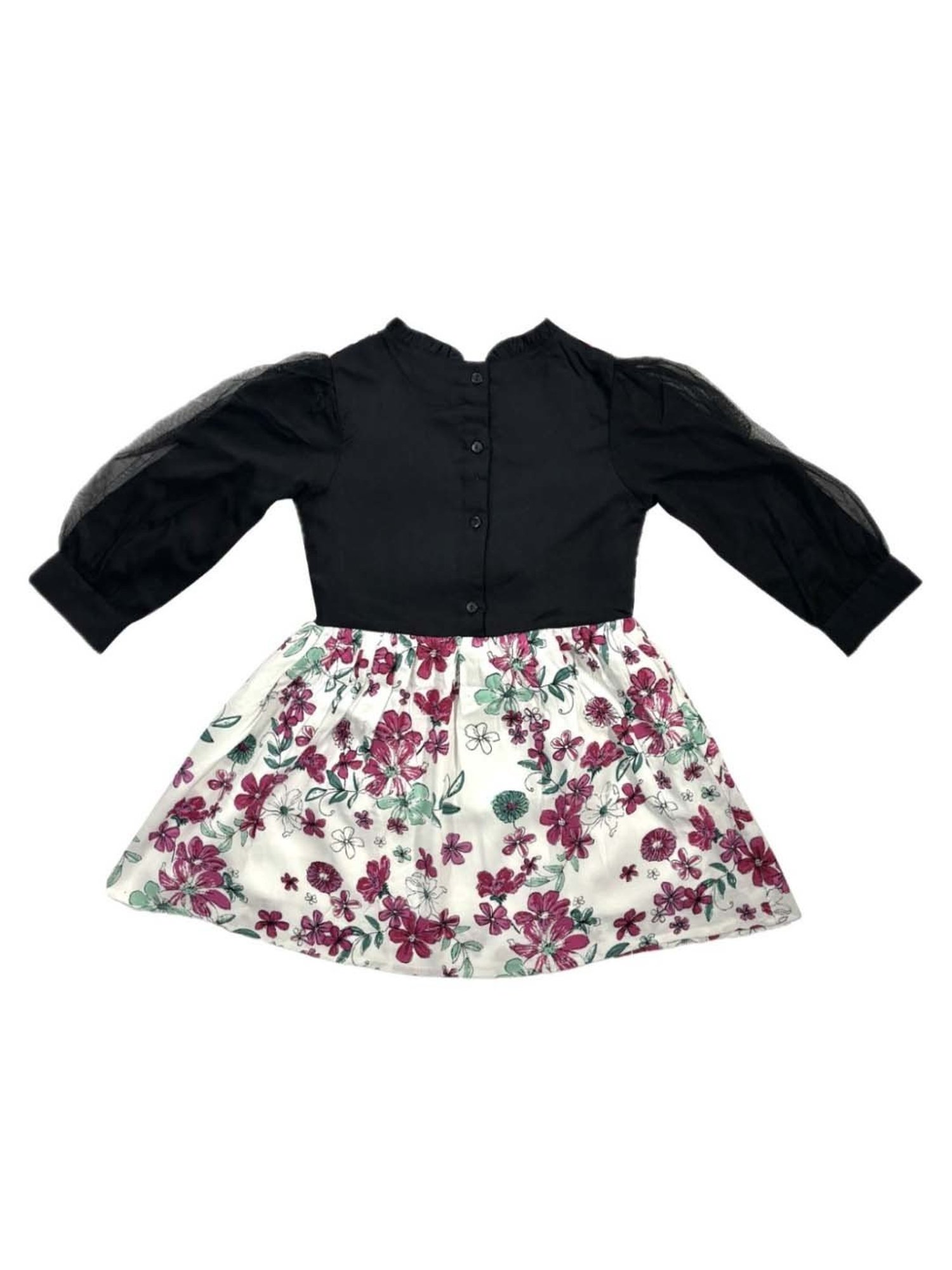 Bella Moda Kids White & Black Cotton Floral Print Full Sleeves Dress