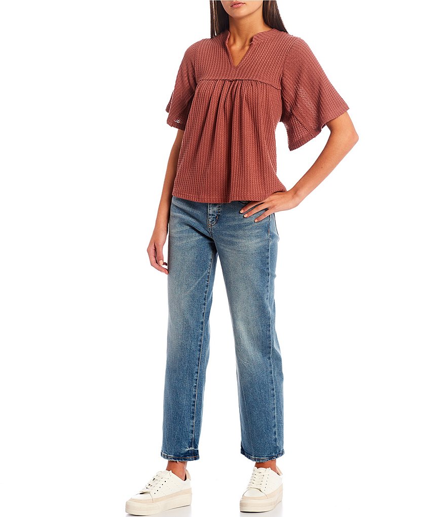 Honey & Sparkle Flutter Sleeve Waffle Knit Top