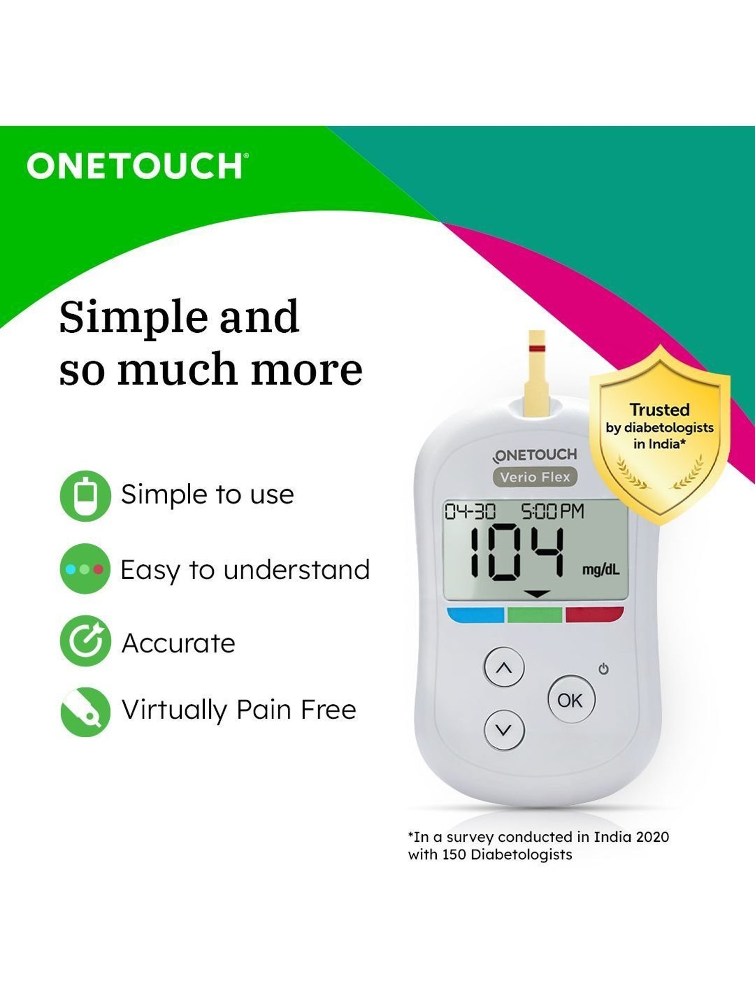 OneTouch Verio Flex glucometer| Syncs with mobile app| 10 Test Strips, 10 Lancets & 1 Lancing device