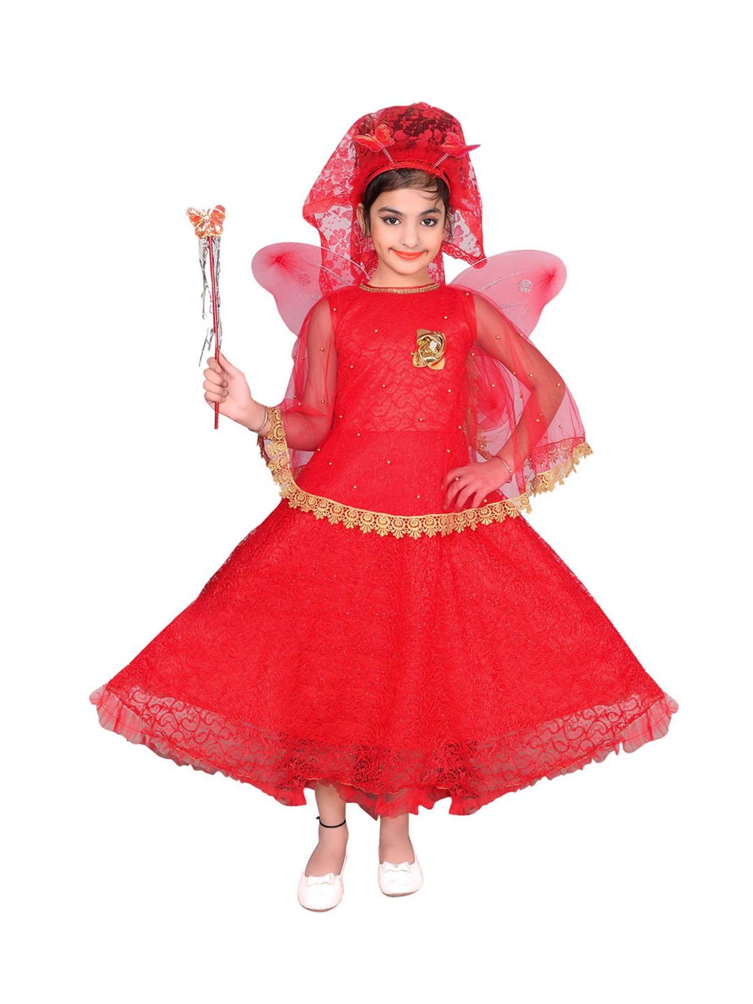 Ahhaaaa Kids Red Embellished Dress, Wings, Hair Band with Fairy Stick