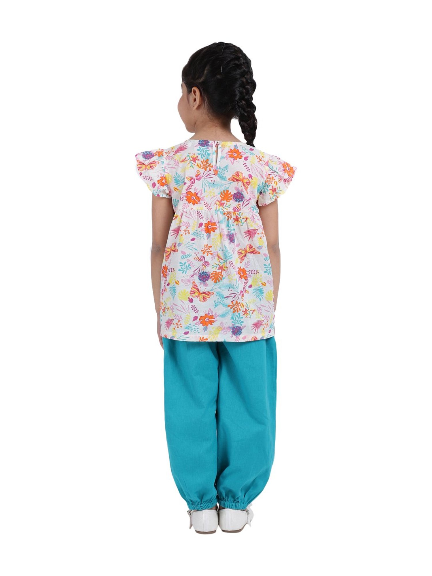 BownBee Kids Blue & White Cotton Floral Print Kurta & Harem Pants