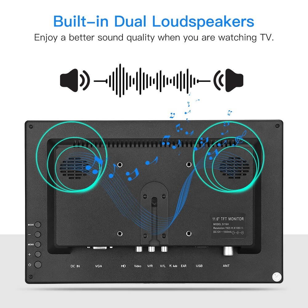 12 inch 1920x1080 IPS LCD Screen Display HDMI TV Monitor, Portable Kitchen TV with HDMI/VGA/AV/USB Input & Remote Control