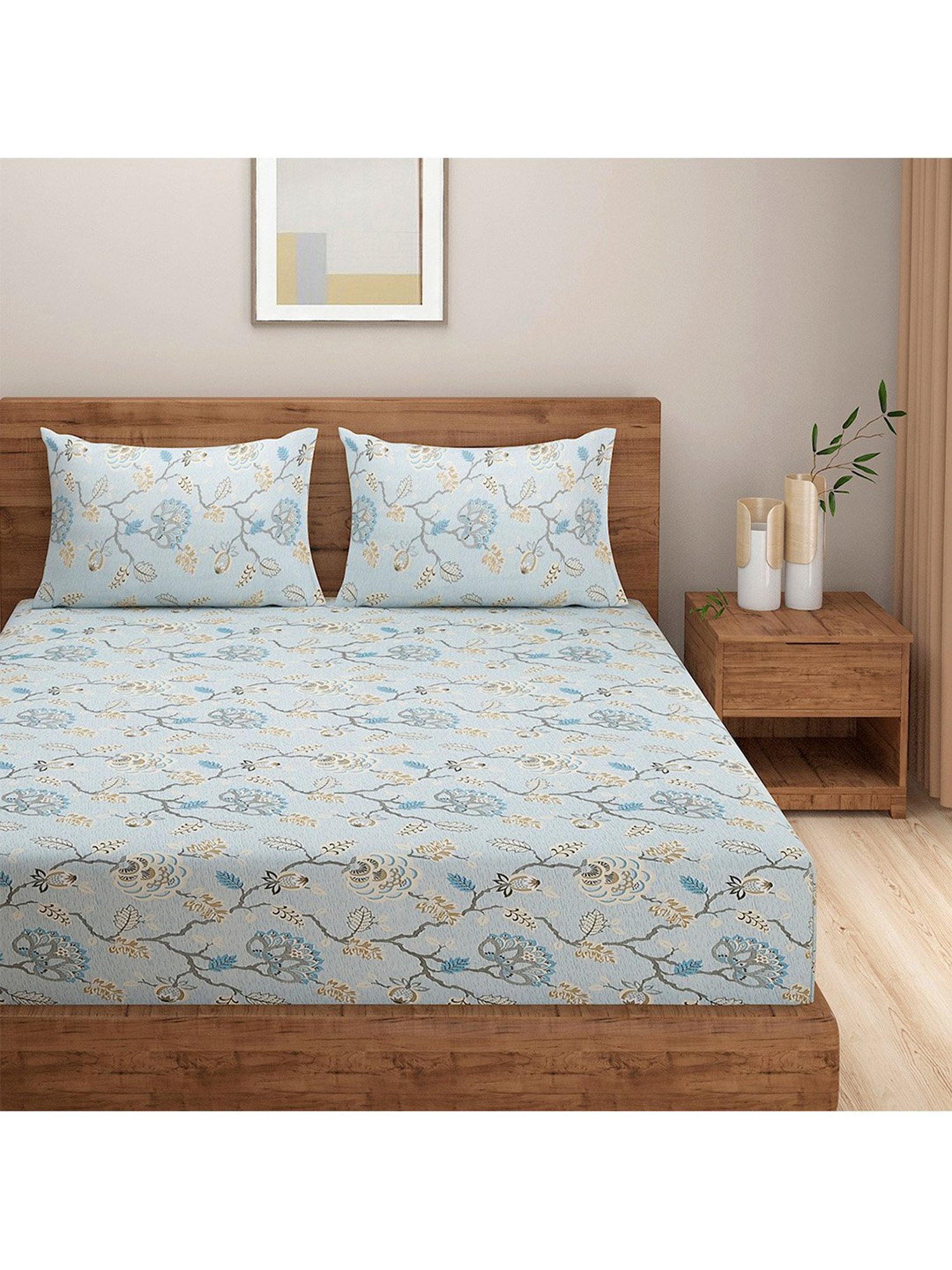 Swayam Ananda Floral Grey & Blue 200 TC Cotton King Bedsheet with 2 Pillow covers