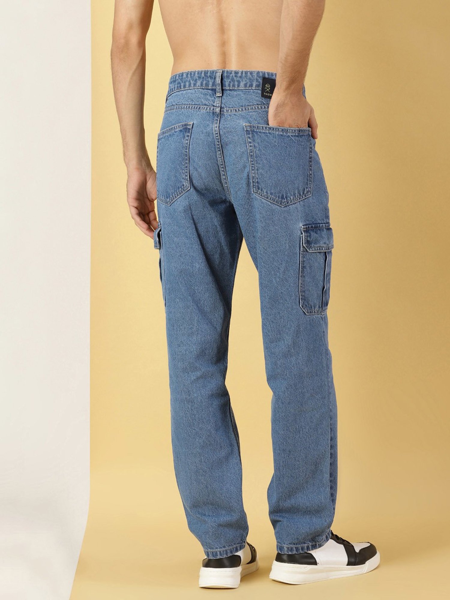 Thomas Scott Blue Relaxed Fit Lightly Washed Cargo Jeans