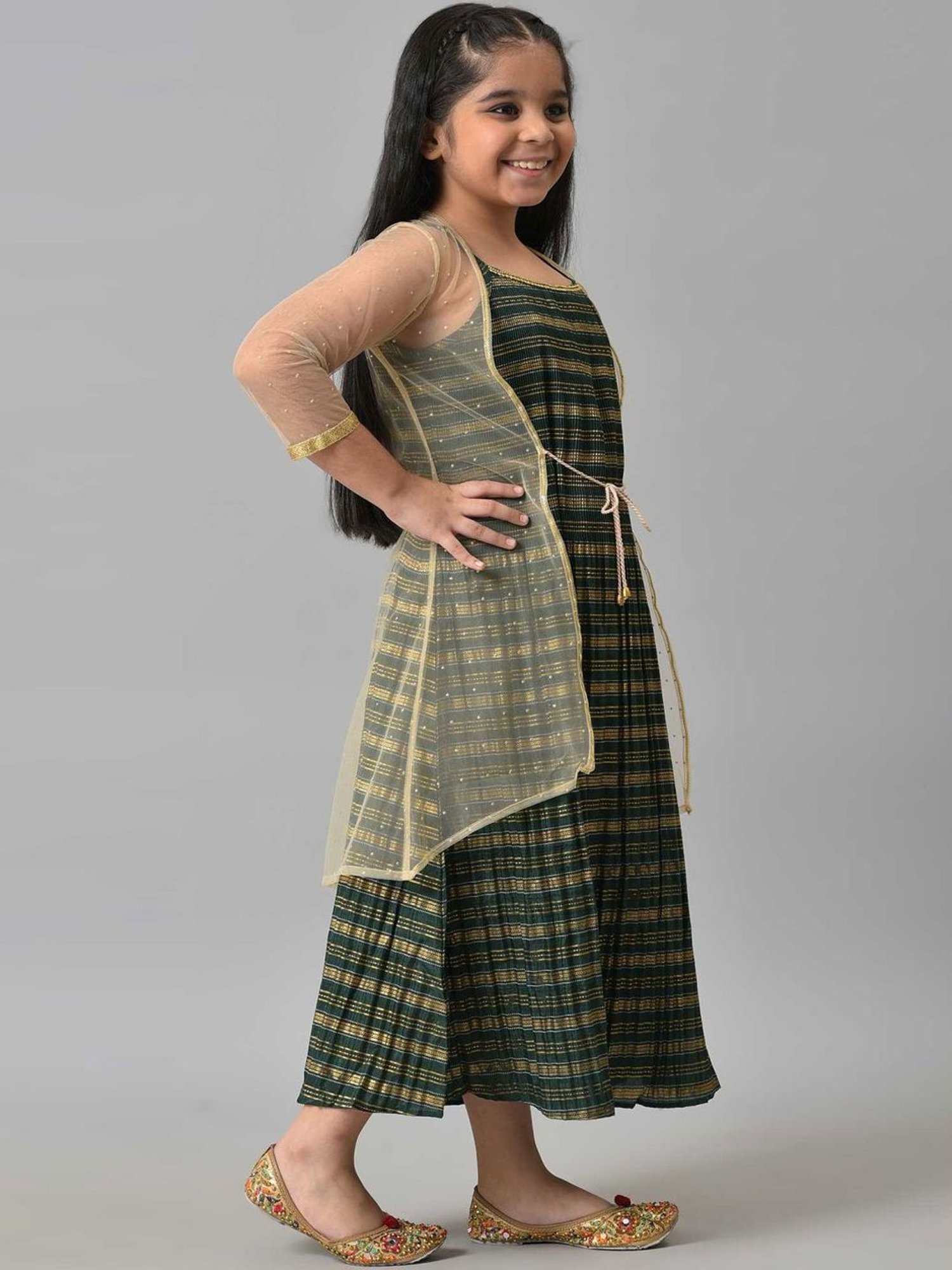 Aurelia Kids Green & Golden Printed Dress