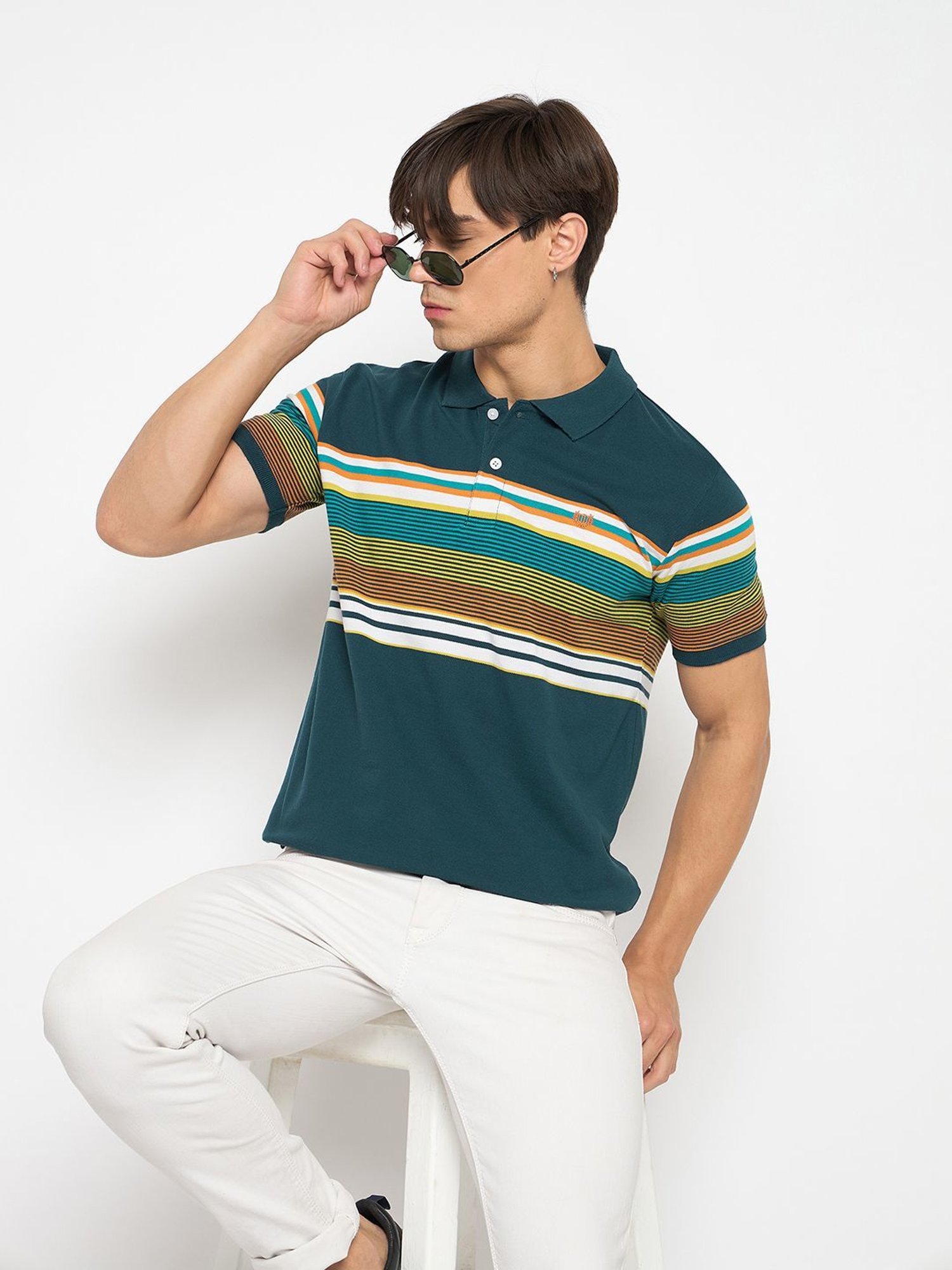 Duke Teal Slim Fit Striped Polo T-Shirt