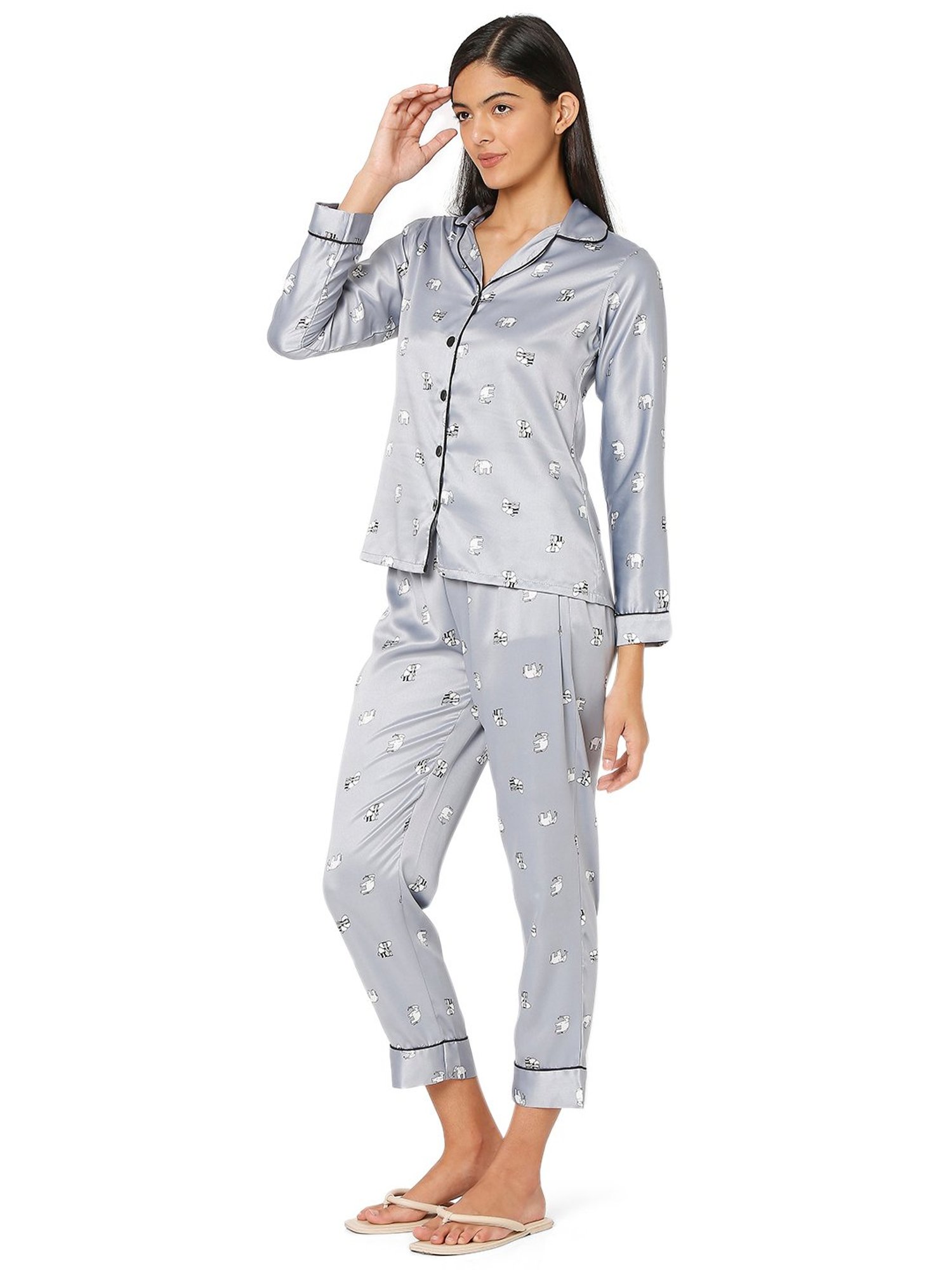 Smarty Pants Light Grey Satin Animal Print Shirt With Pyjamas
