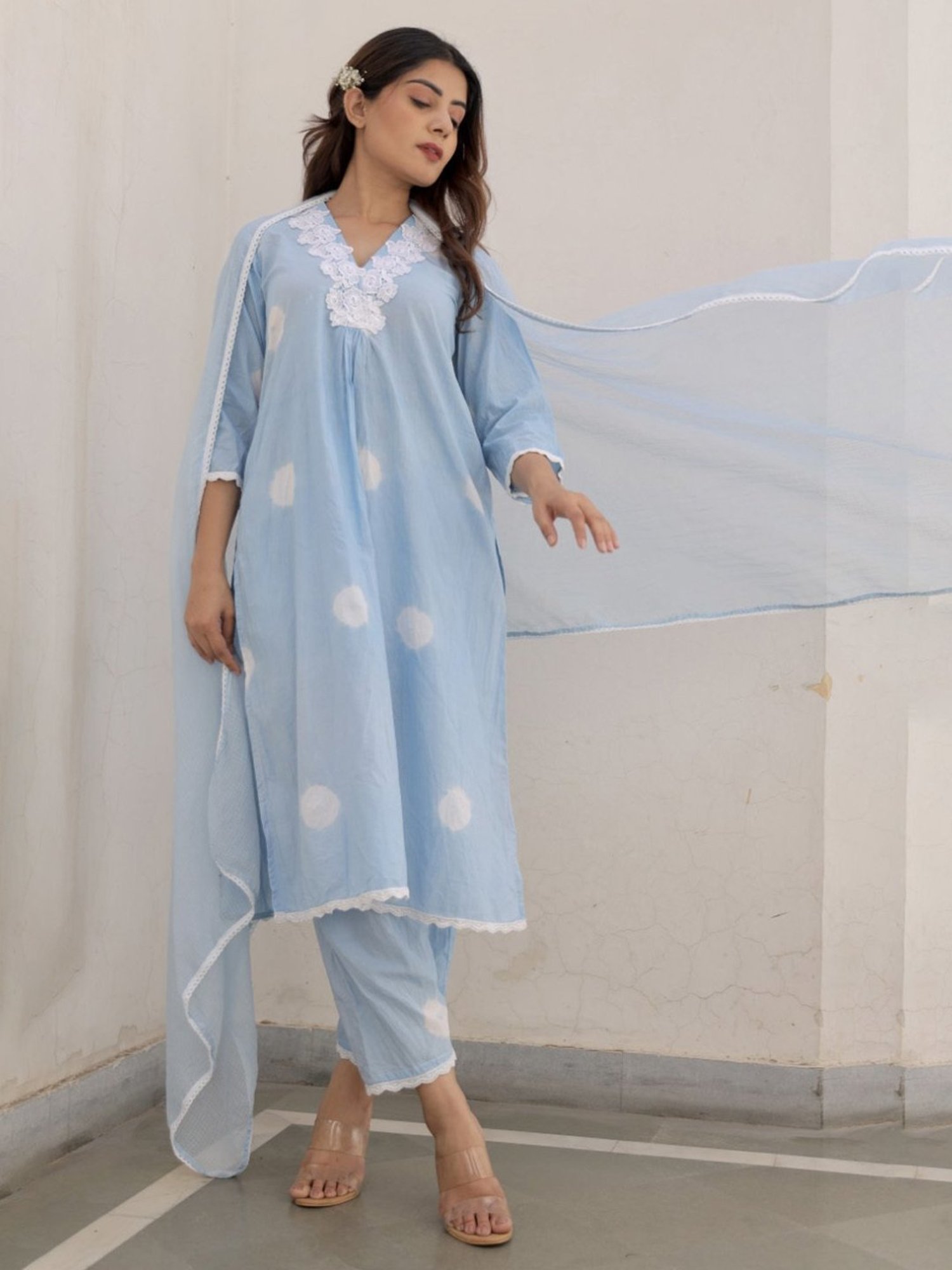 Asrumo Blue Sukoon Summer Cotton White Lace Straight Kurta with Pant and Doriya Dupatta Set