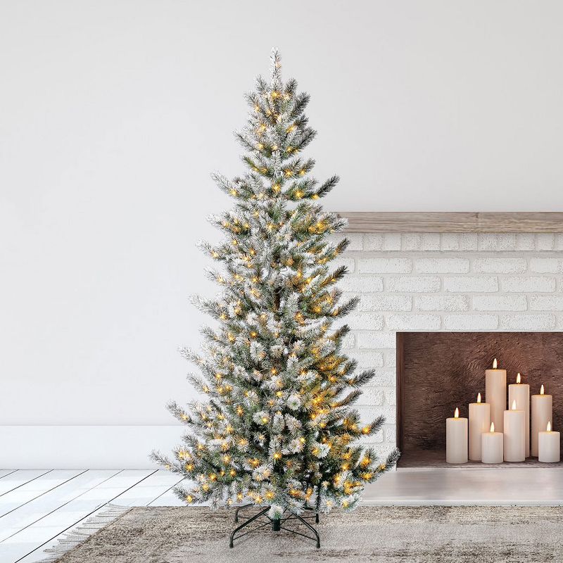 Home Heritage 7 Foot Snow Flocked Natural Pine Prelit Artificial Christmas Tree with Warm White Fairy Lights, On/Off Foot Pedal, and Metal Stand