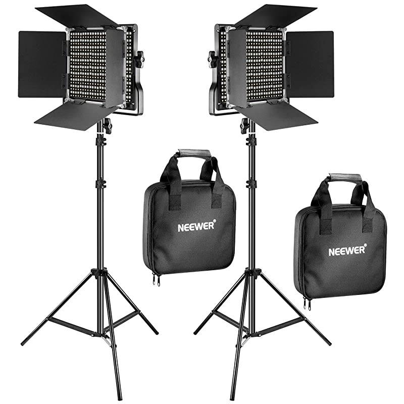 2 Pieces Bi-color 660 LED Video Light and Stand Kit Includes:(2)3200-5600K CRI 96+ Dimmable Light with U Bracket and Barndoor and (2)75 inches Light Stand for Studio Photography, Video Shooting