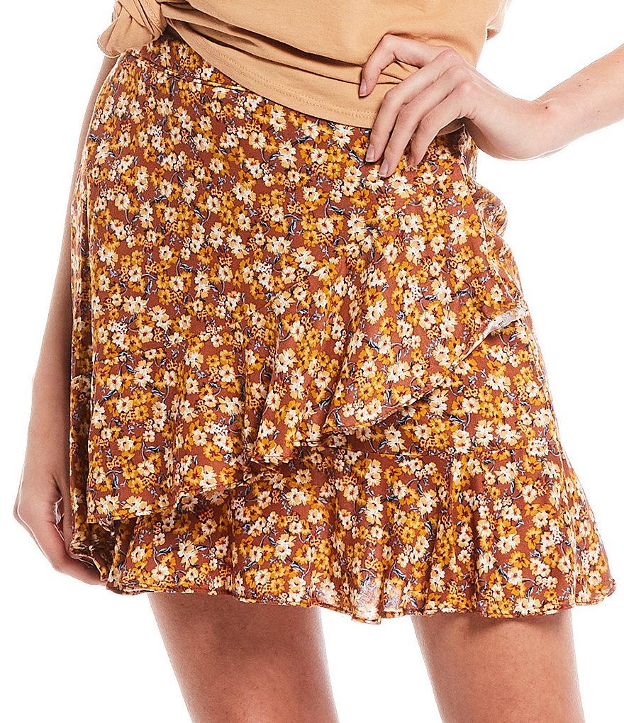 Originality Floral High Rise Asymmetrical Ruffle Mini Skirt