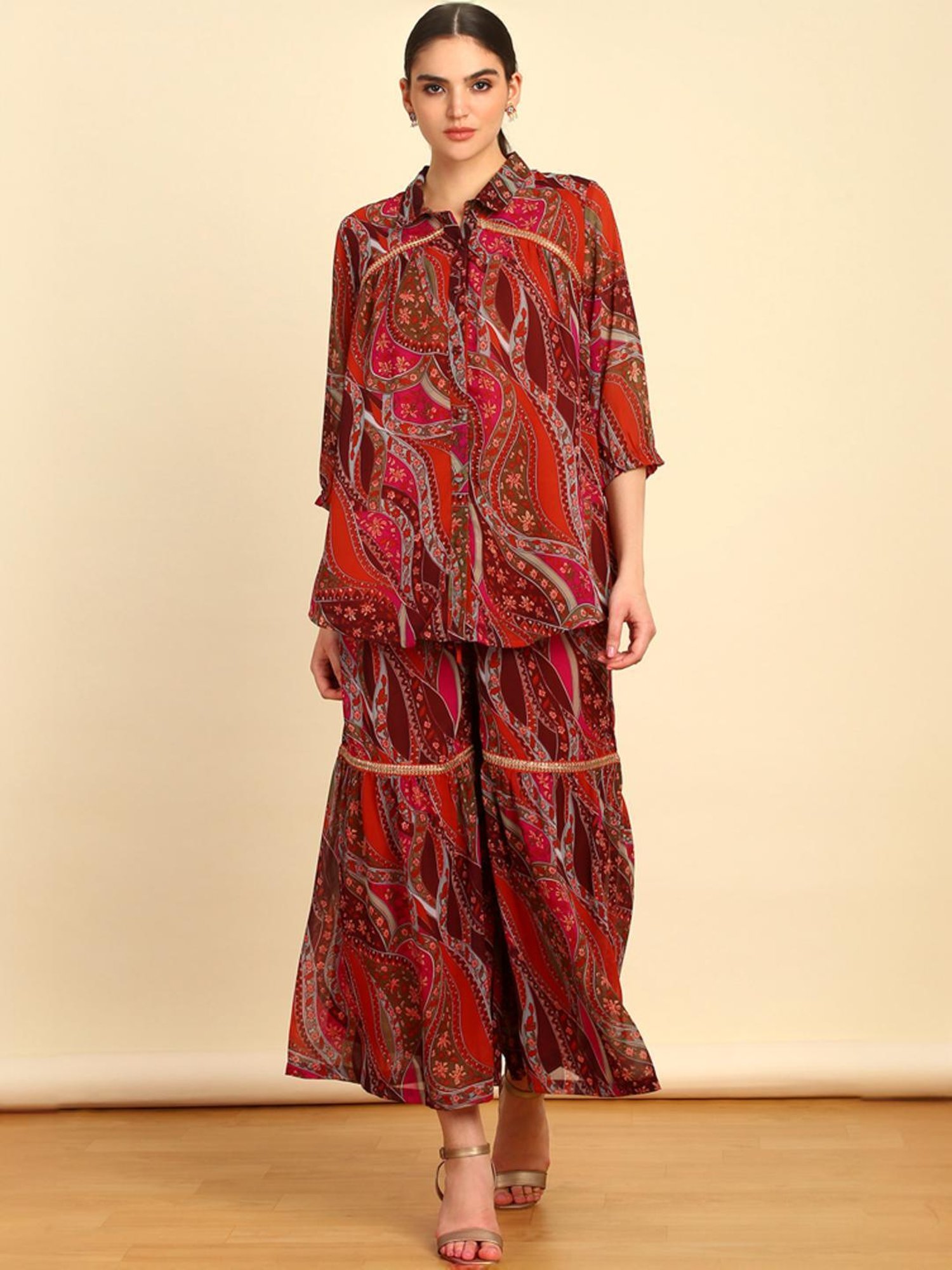 Soch Womens Fuchsia Floral Print Georgette Blend Co-Ord Set With Sequins