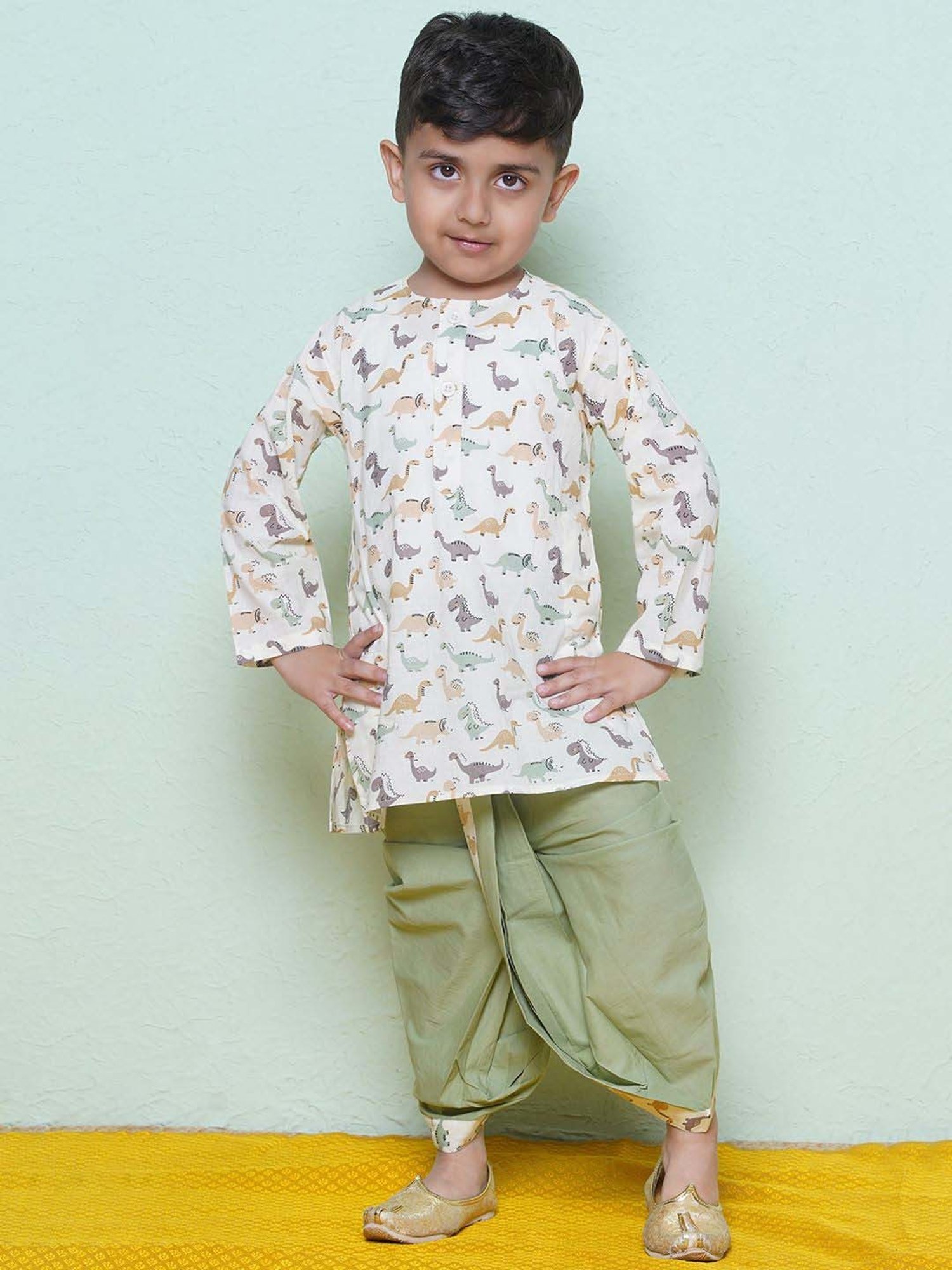 AJ Dezines Kids White & Pista Green Cotton Printed Full Sleeves Kurta Set