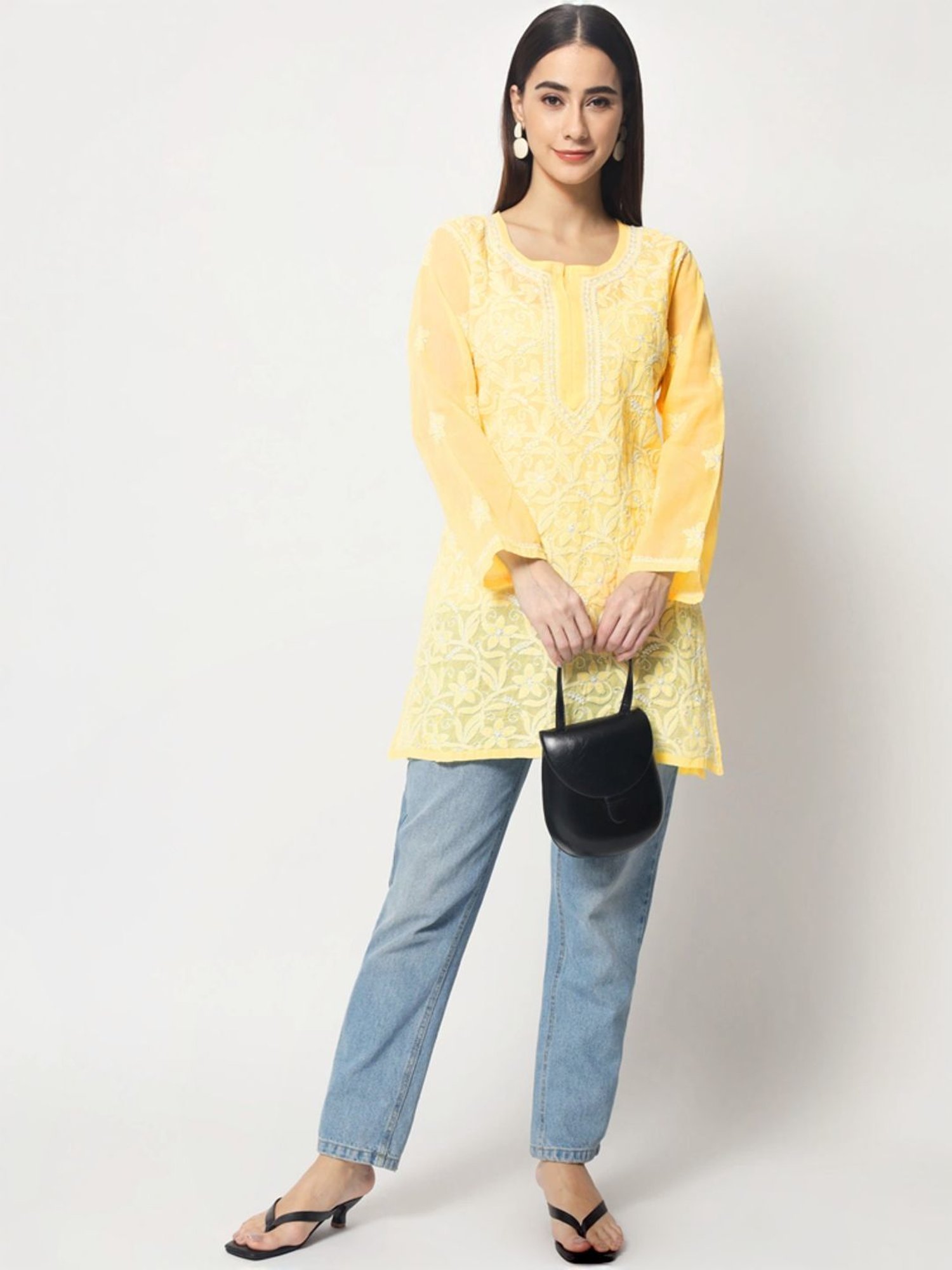 PARAMOUNT CHIKAN Pale Yellow Cotton Hand Embroidered Chikankari Straight Kurti