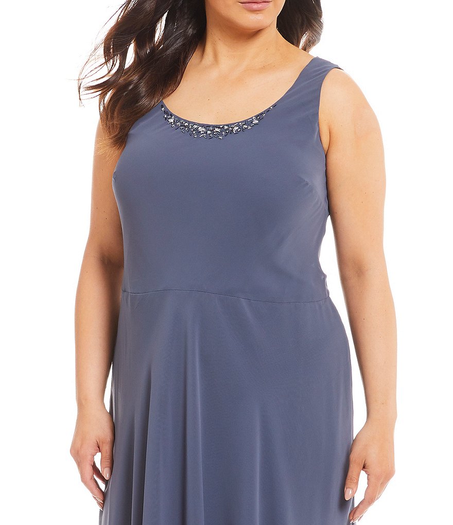 Ignite Evenings Plus Size Scoop Neck Long Sleeve Sequined Shoulder Midi Length Tiered Hem Jacket Dress