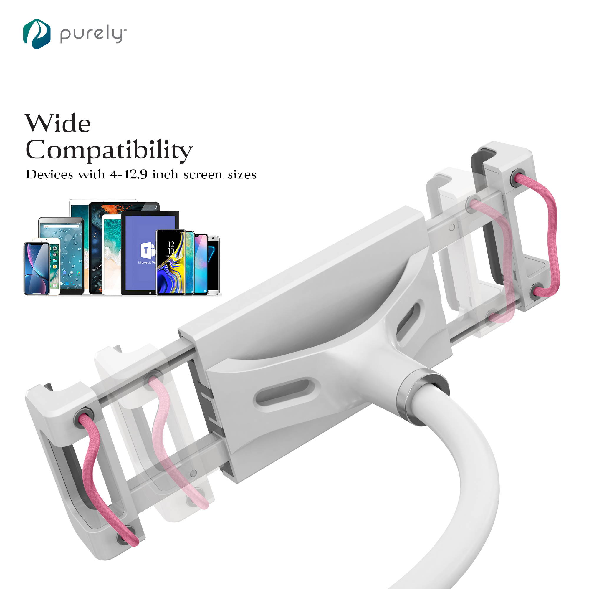 Purely Gooseneck Phone and Tablet Holder Deluxe | 39&rdquo; Flexible Arm with Clip Mount 4" to 12.9" Devices - Compatible with iPad Pro, Mini & Samsung Galaxy Tab - Desk, Bedside, Headboard Stand