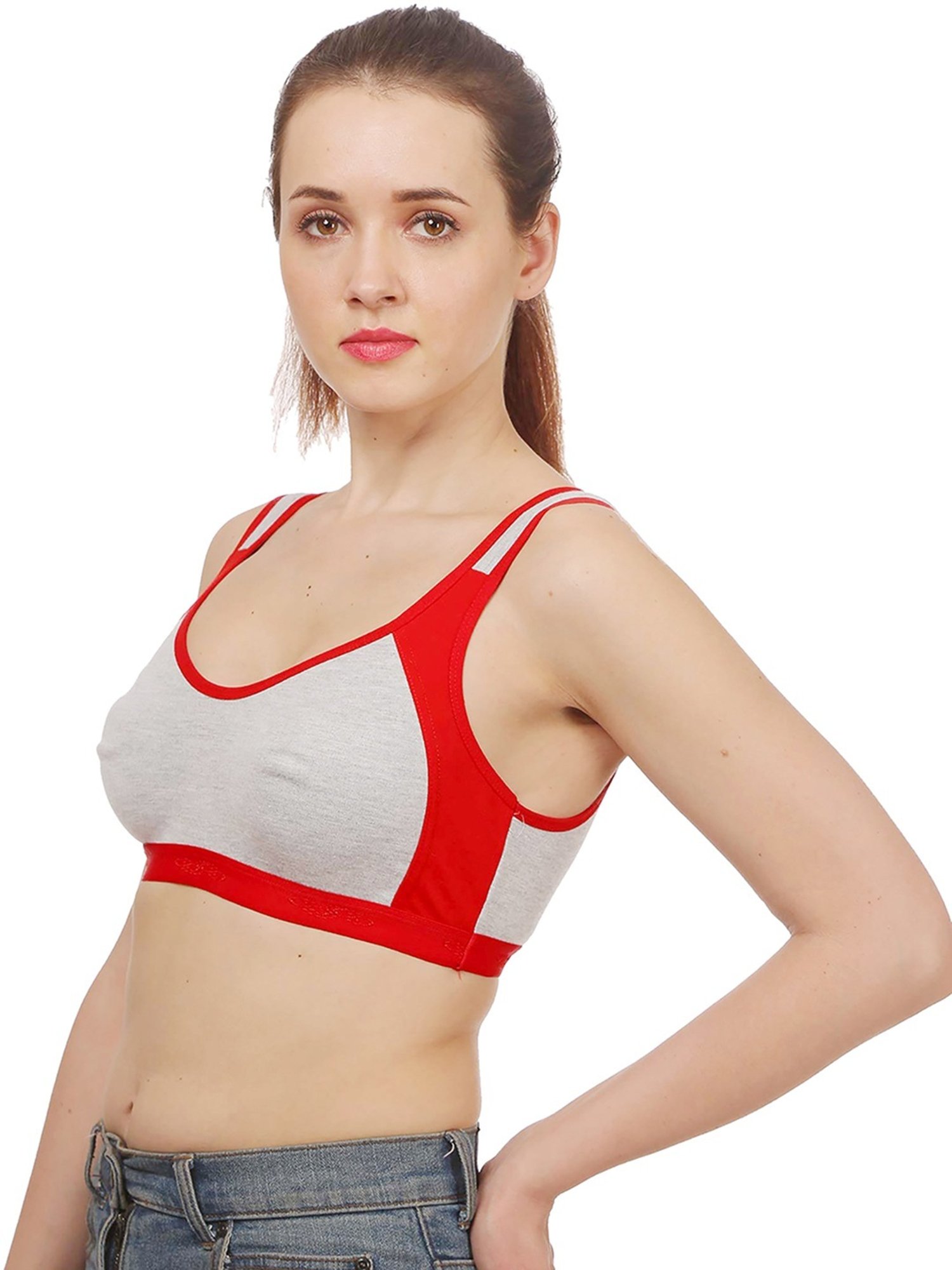 AROUSY Grey & Red Cotton Color-Block Bralette Bra