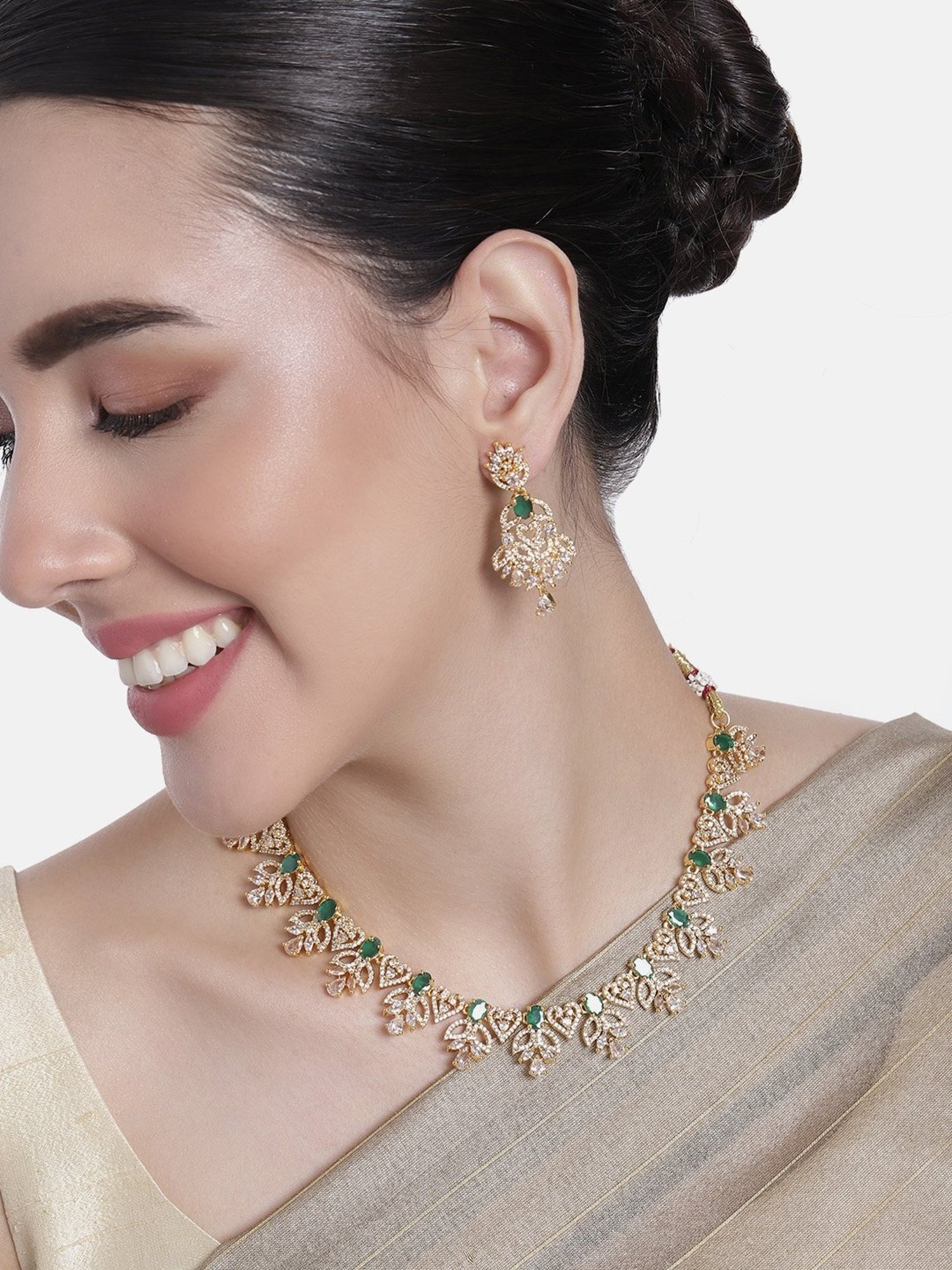 Estele Gold-Plated CZ Dazzling Designer Necklace Set with Colored Stones for Women