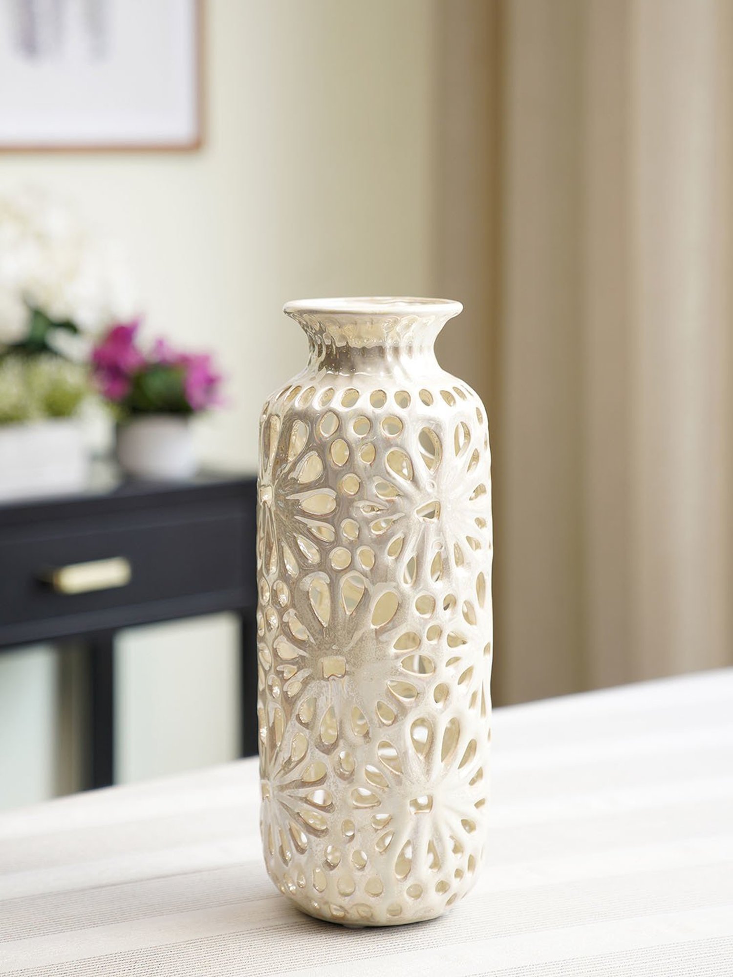 Pure Home and Living Ivory Ceramic Cut Out Pattern Vase