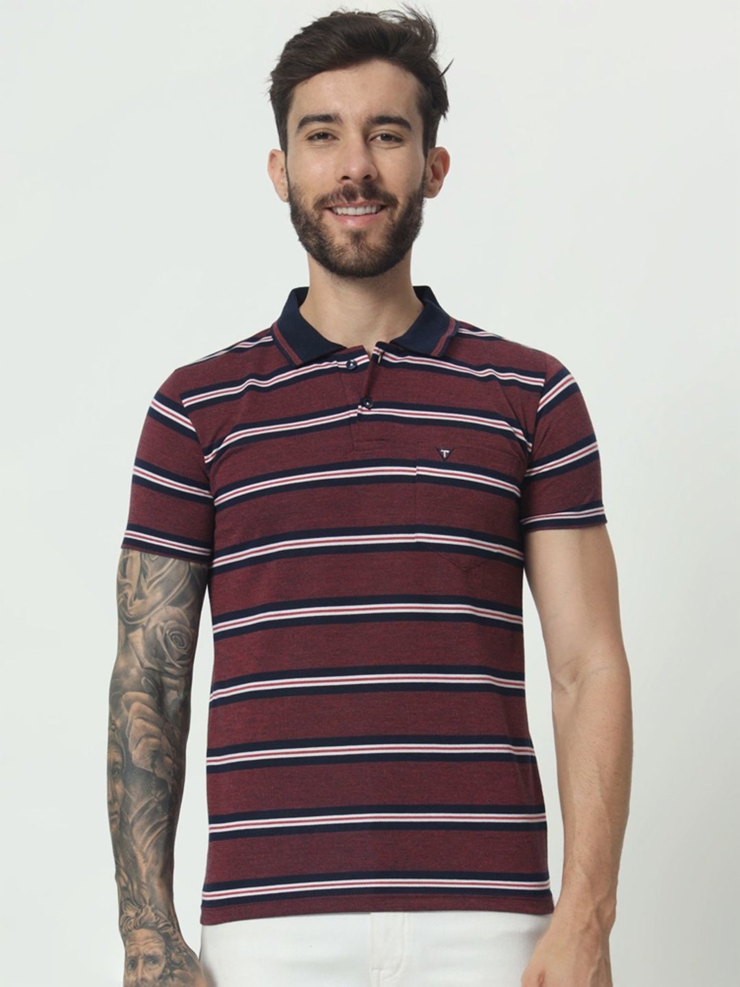 Tab91 Red Regular Fit Striped Polo T-Shirts