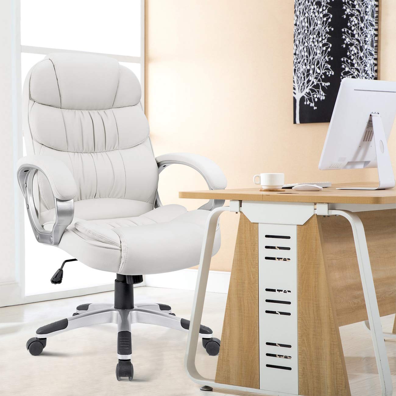Homall Office Chair High Back Computer Chair Ergonomic Desk Chair, PU Leather Adjustable Height Modern Executive Swivel Task Chair with Padded Armrests and Lumbar Support (White)