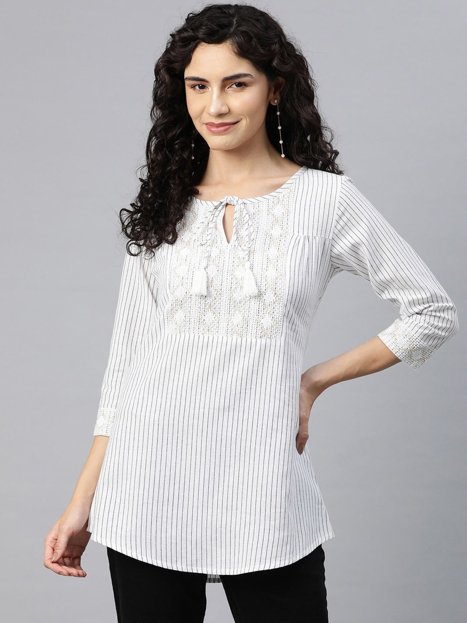 Cottinfab White & Black Cotton Striped Top