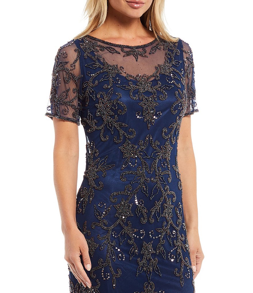 Pisarro Nights Illusion Yoke Beaded Illusion Neck Short Sleeve Midi Sheath Dress