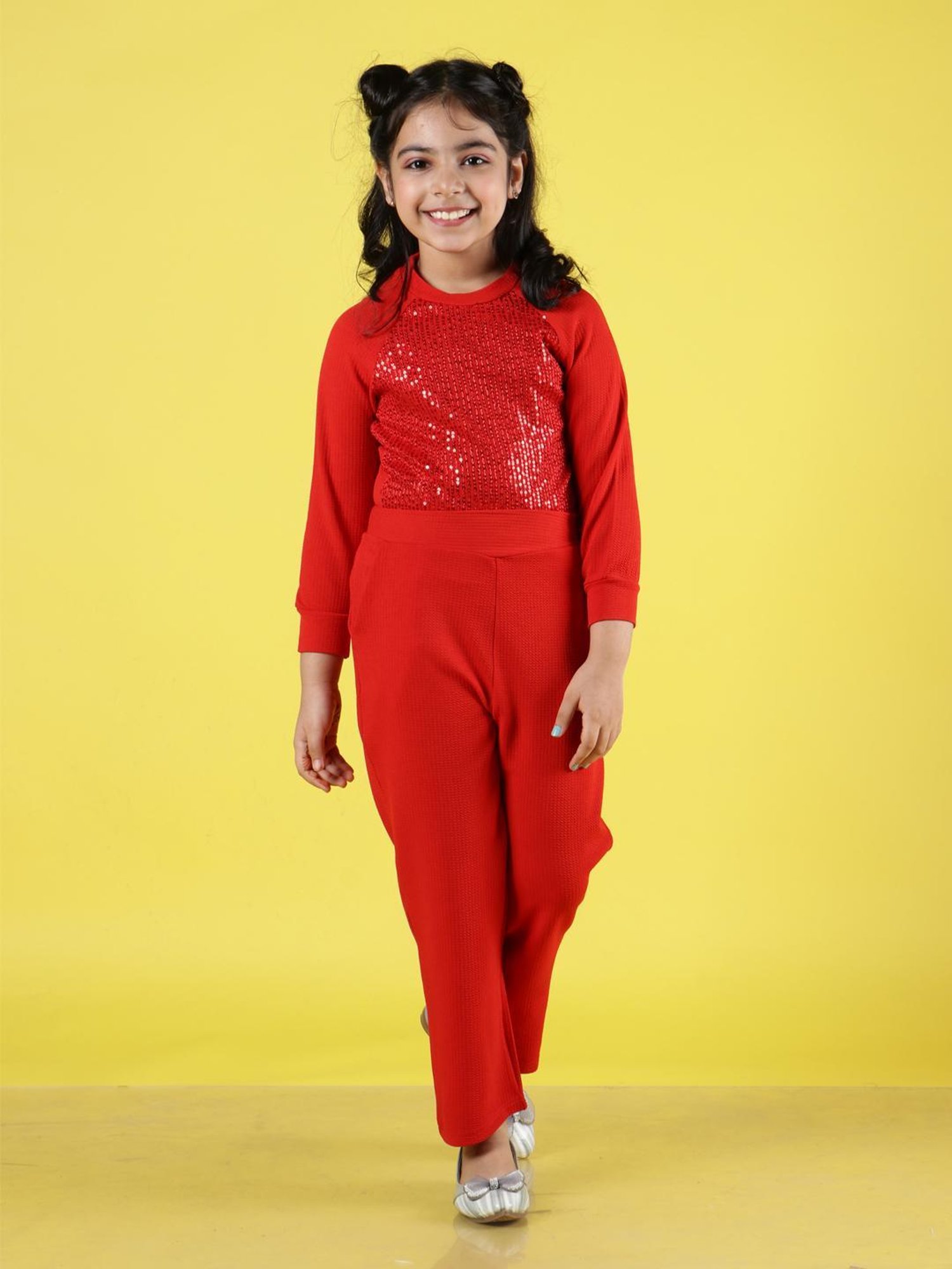 NEUDIS Kids Red Embellished Full Sleeves Top with Trousers