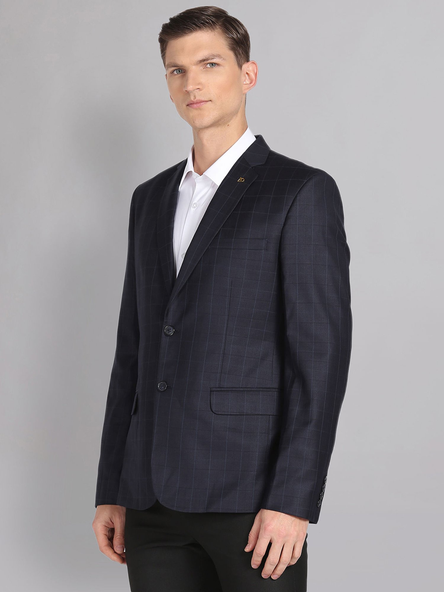 AD by Arvind Navy Regular Fit Check Notch Lapel Blazer