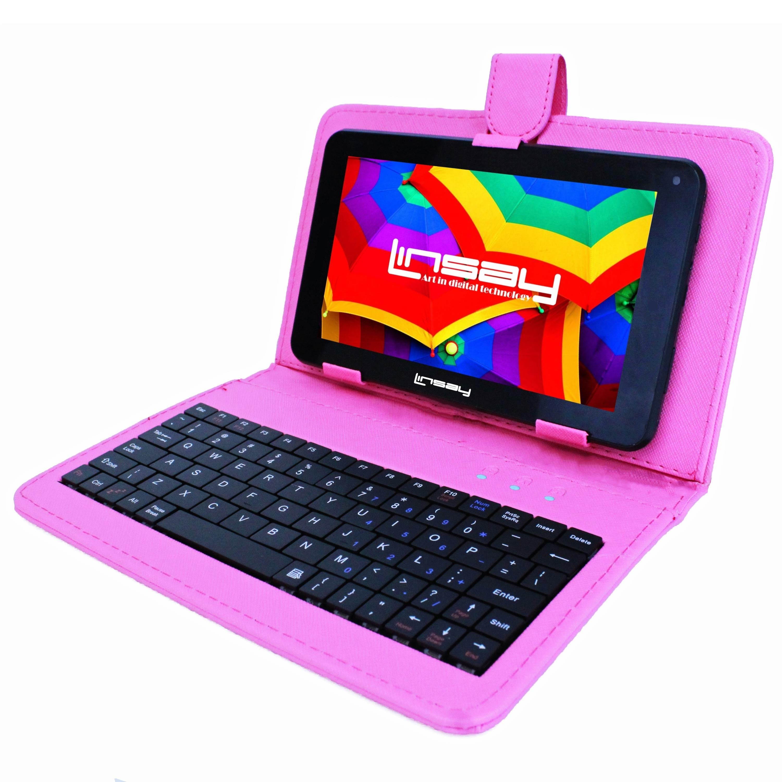 LINSAY&reg; 7" 1024x600 HD Quad Core Dual Camera 2GB ram 16GB Android 10 Tablet with Pink Keyboard Case