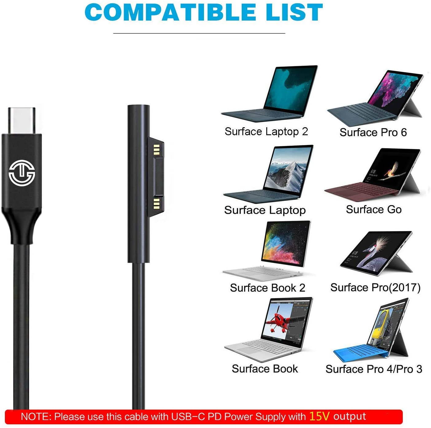 J-Go Tech Original Surface Connect To USB-C Charging Cable 15V/3A with CE and ROHS Safety Certificates (For Microsoft Surface Pro 3/4/5/6 Surface Book 1 Surface Go Surface Laptop 1/2)