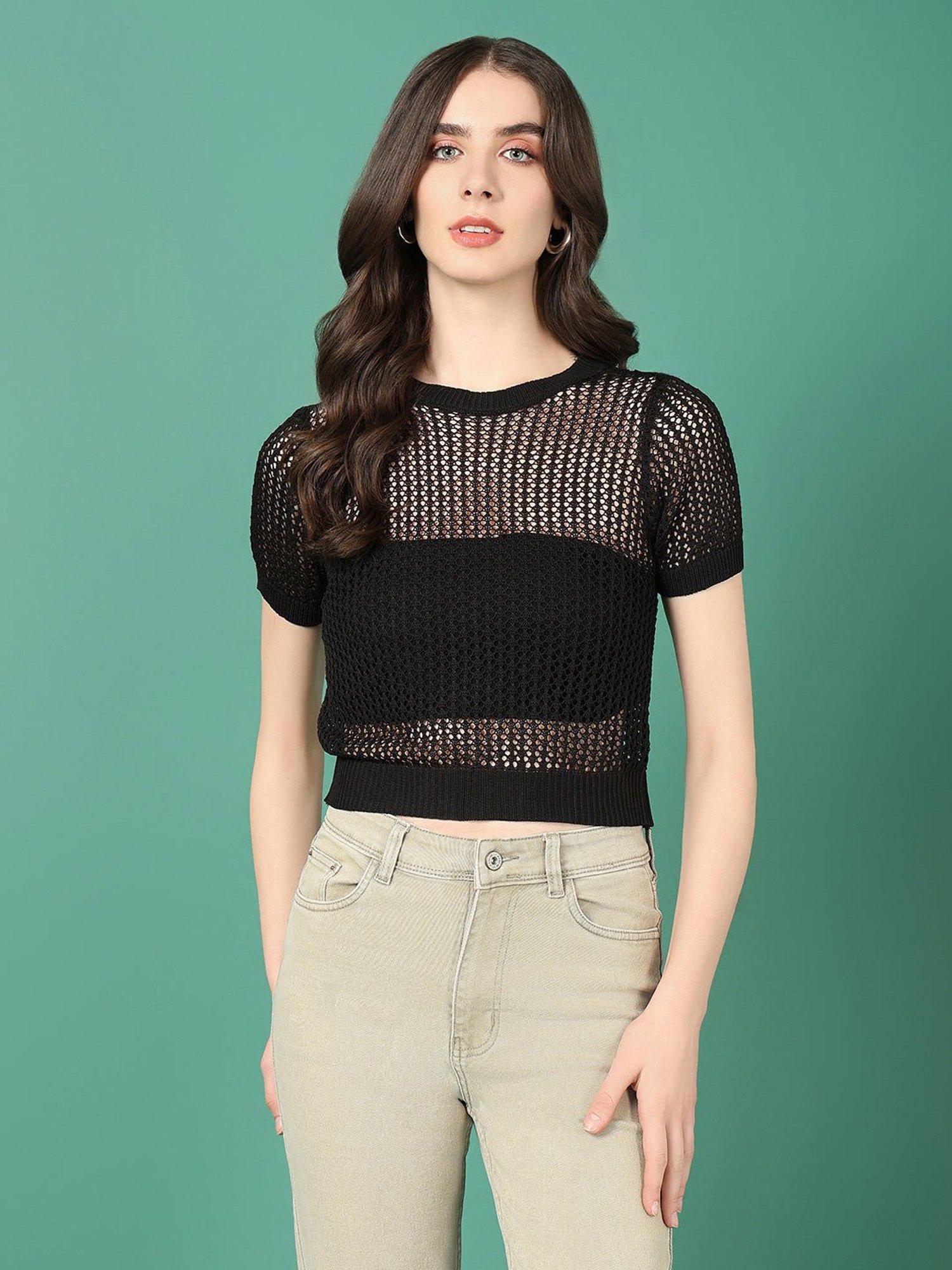 SHOWOFF Black Self Design Crop Top