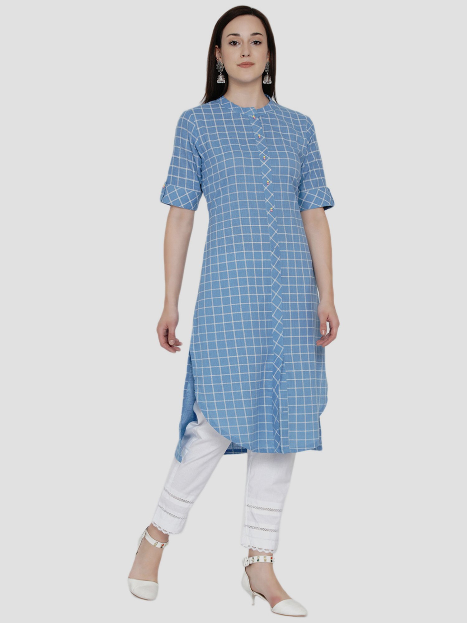 Women Republic Blue & White Cotton Chequered Kurta Pant Set