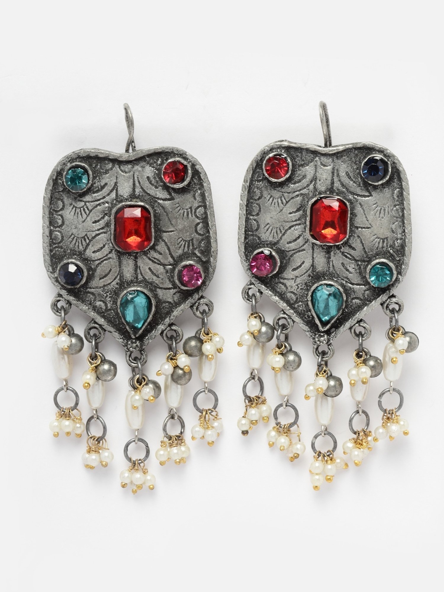 Moedbuille Crystal & Pearl Studded Afghan Design Silver-Plated Handcrafted Tassel Dangler Earrings