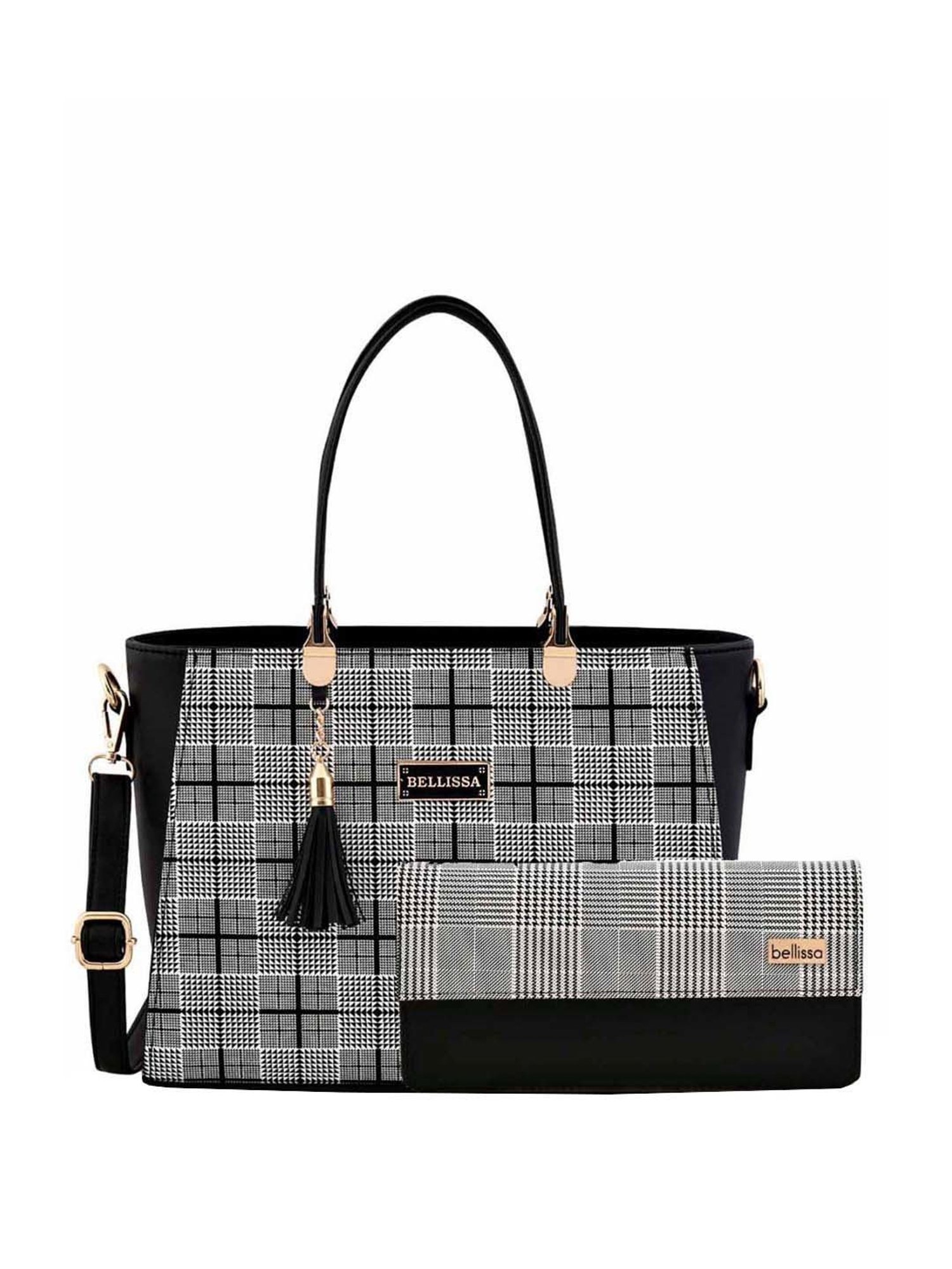 Bellissa Black PU Checks Handbag with Wallet
