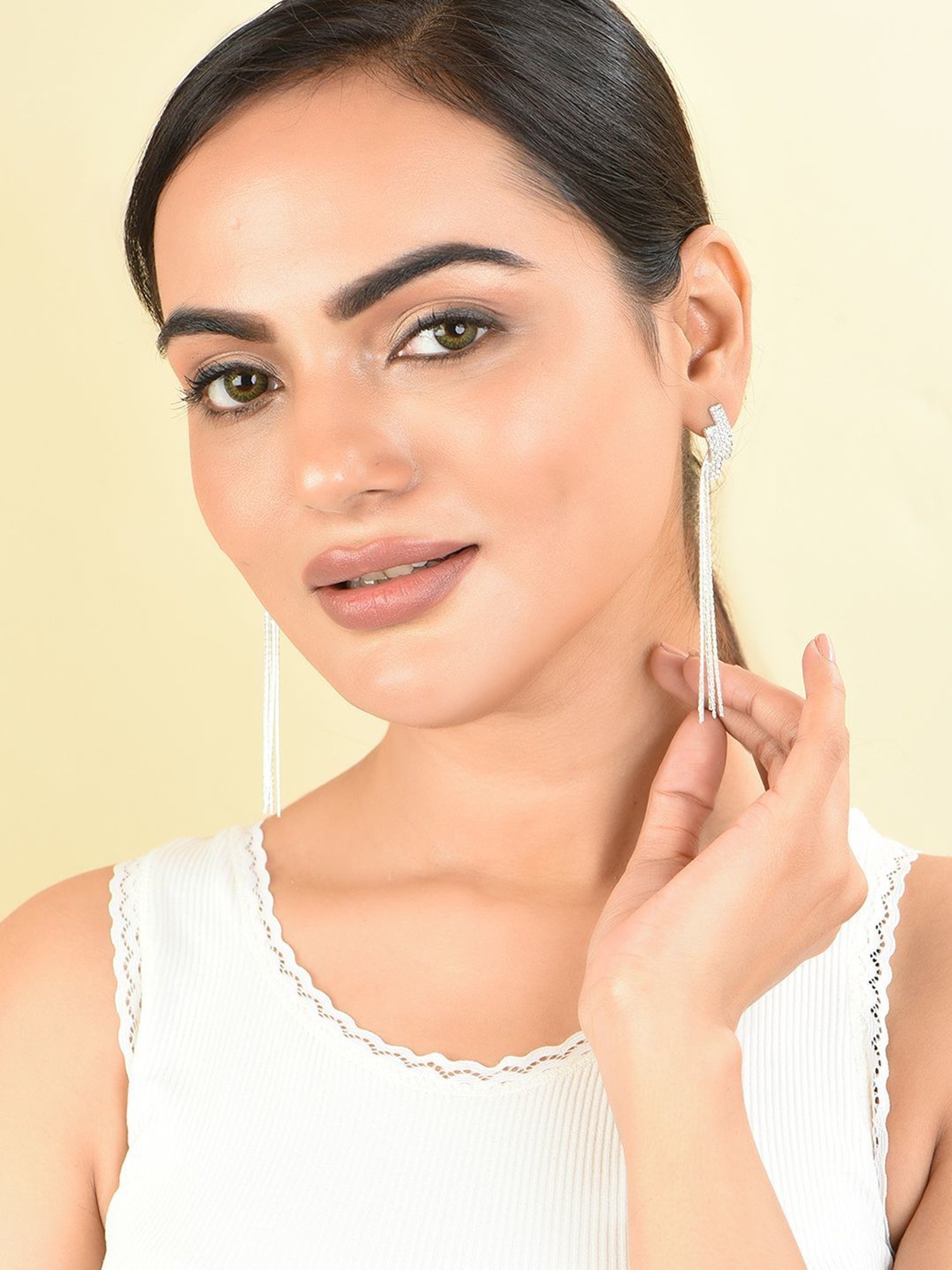 Toniq Long Strands Silver-Plated CZ Stone Party Wear Earrings for Women