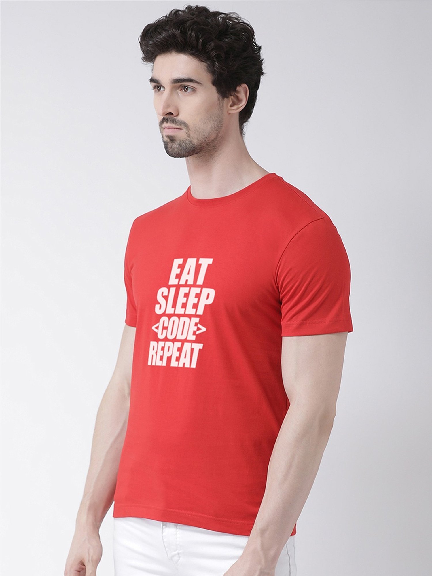 Friskers Red Cotton Slim Fit Printed T-Shirt