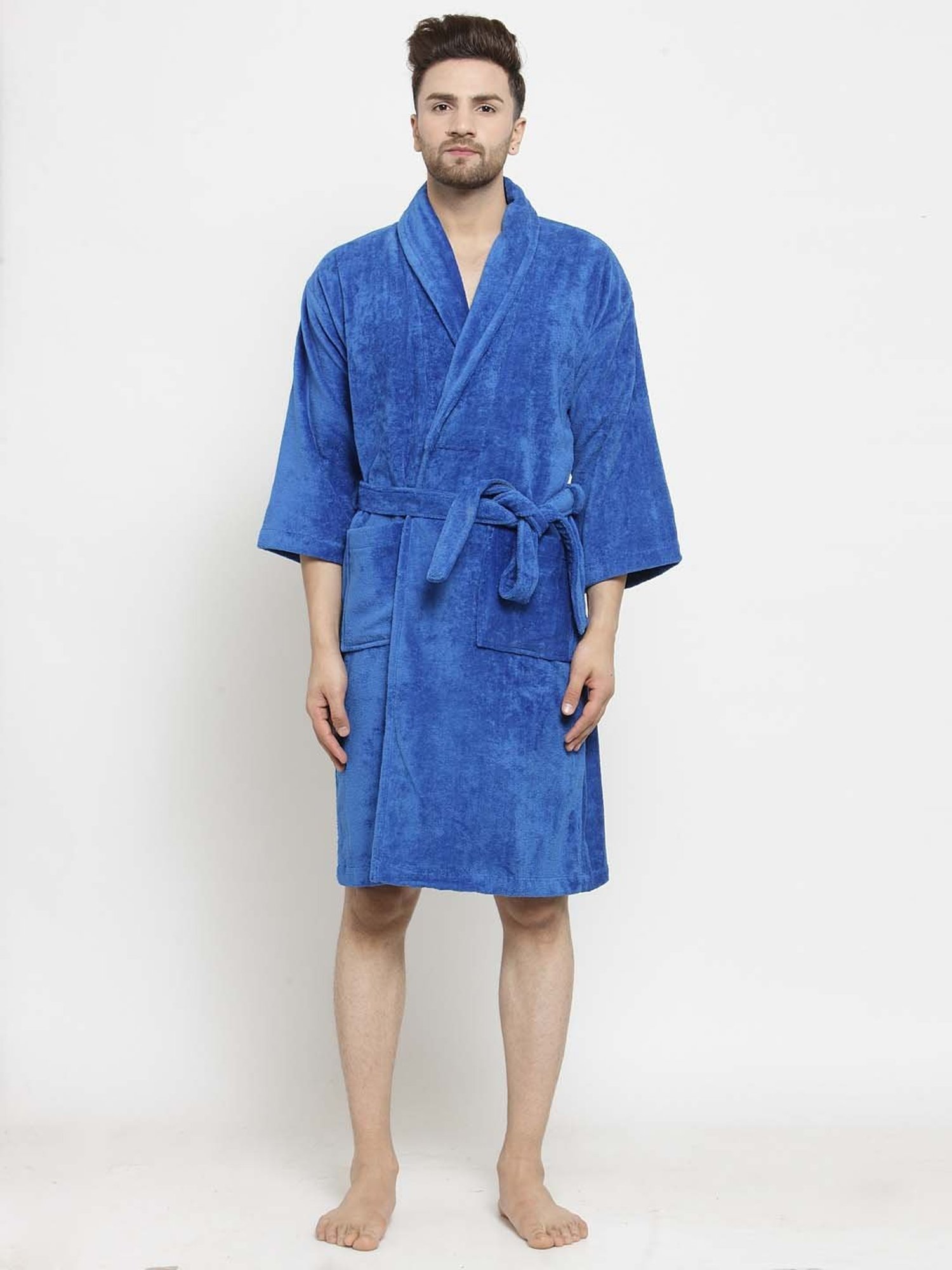 Trident Turkish Blue Cotton 350 GSM Bathrobe for Men (Medium)