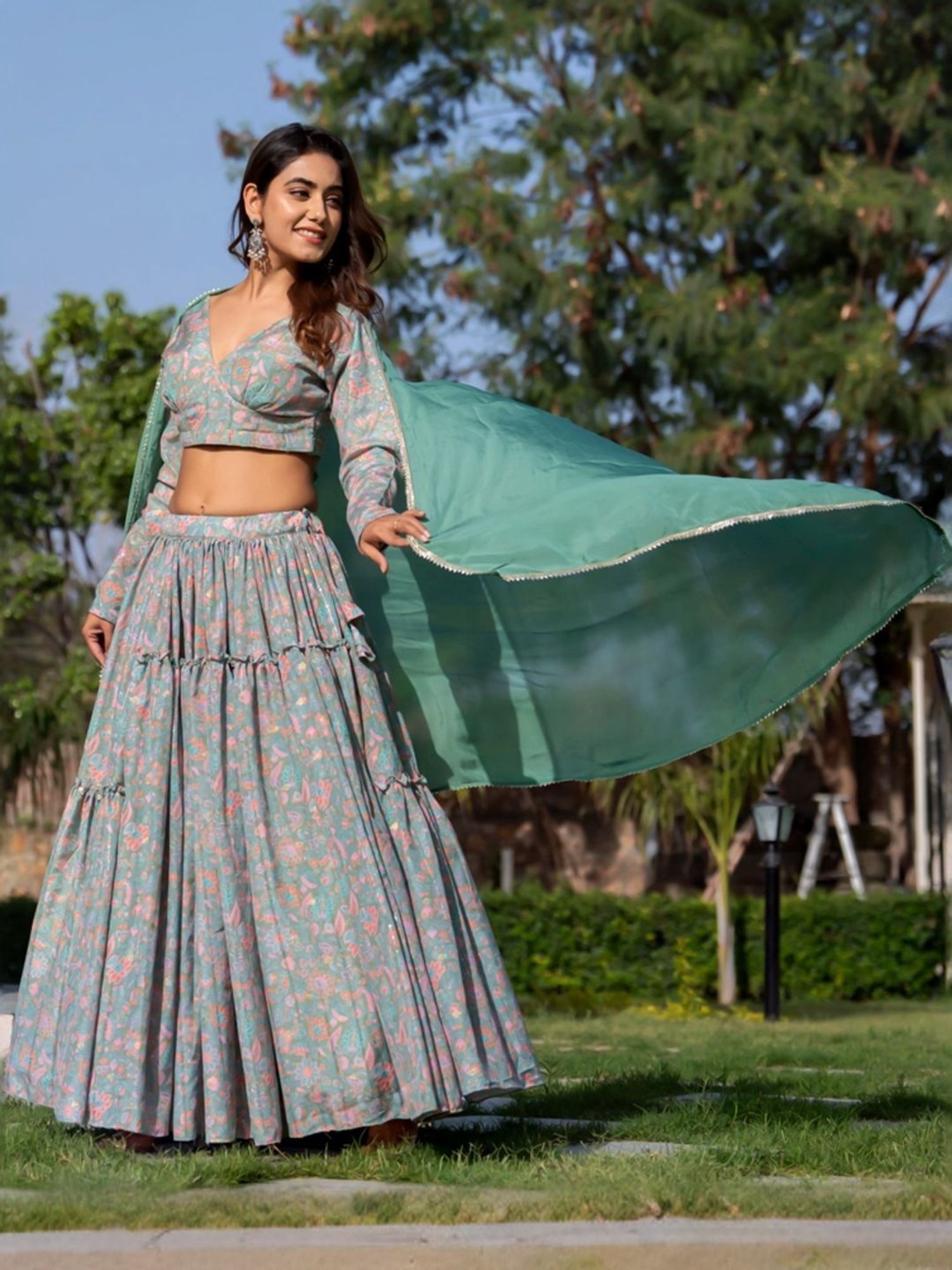 HOUSE OF JAMOTI Green Printed Lehenga Choli Set With Dupatta