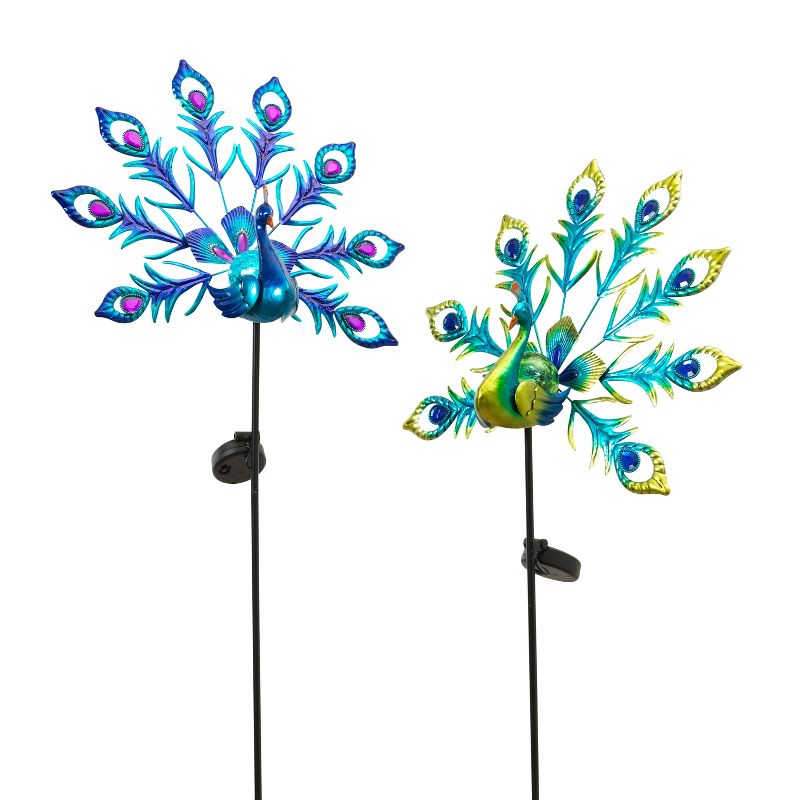 Gerson International Assorted Metal and Glass Solar Peacock Yard Stakes, Set of 2