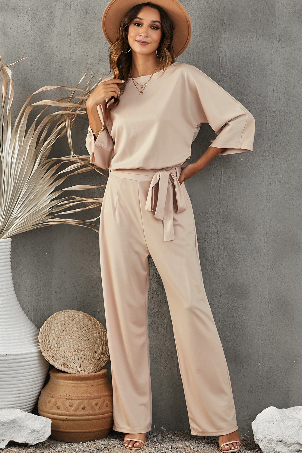Rose Tan Solid Self Tied Straps Pleated Wide Leg Jumpsuit
