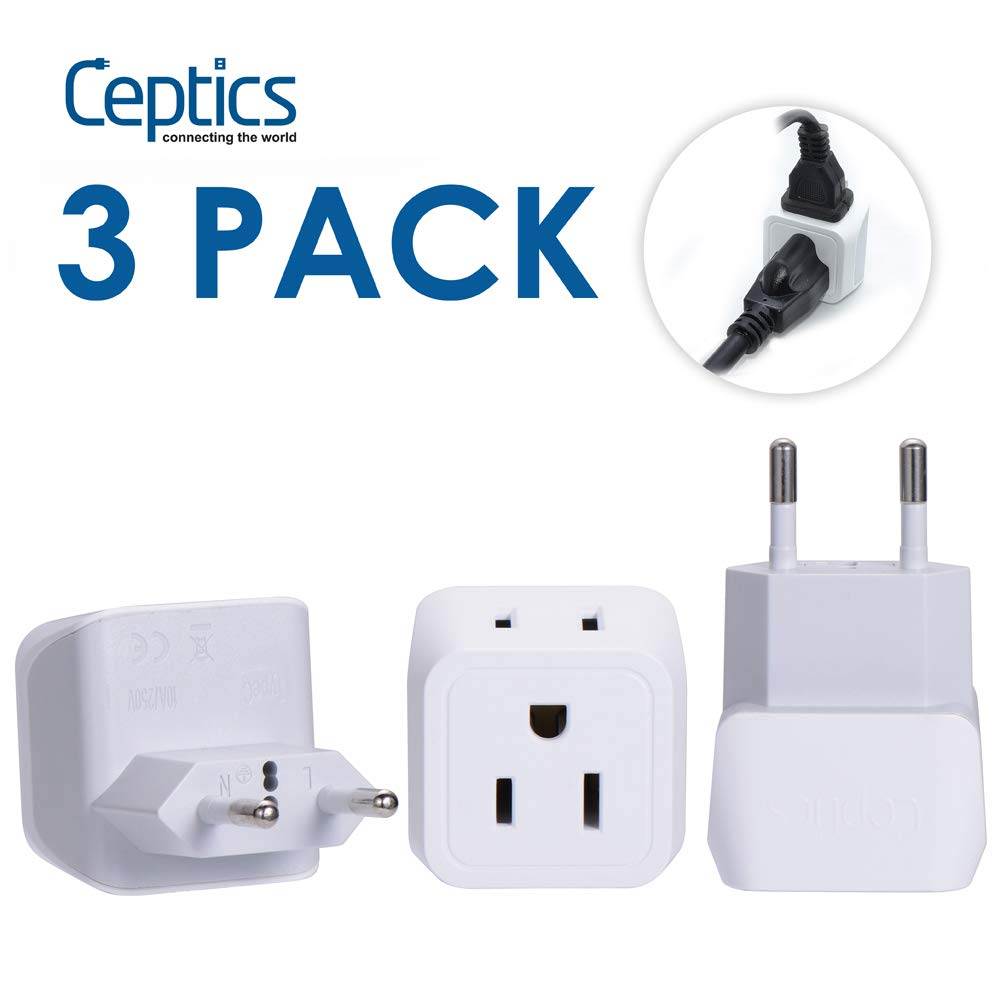 Ceptics Turkey, Egypt, Iceland Travel Adapter Plug - USA Input - Type C - Safe Grounded Perfect for Cell Phones, Laptops, Camera (3 Pack) - Dual Inputs - Ultra Compact - Light Weight (CT-9C)