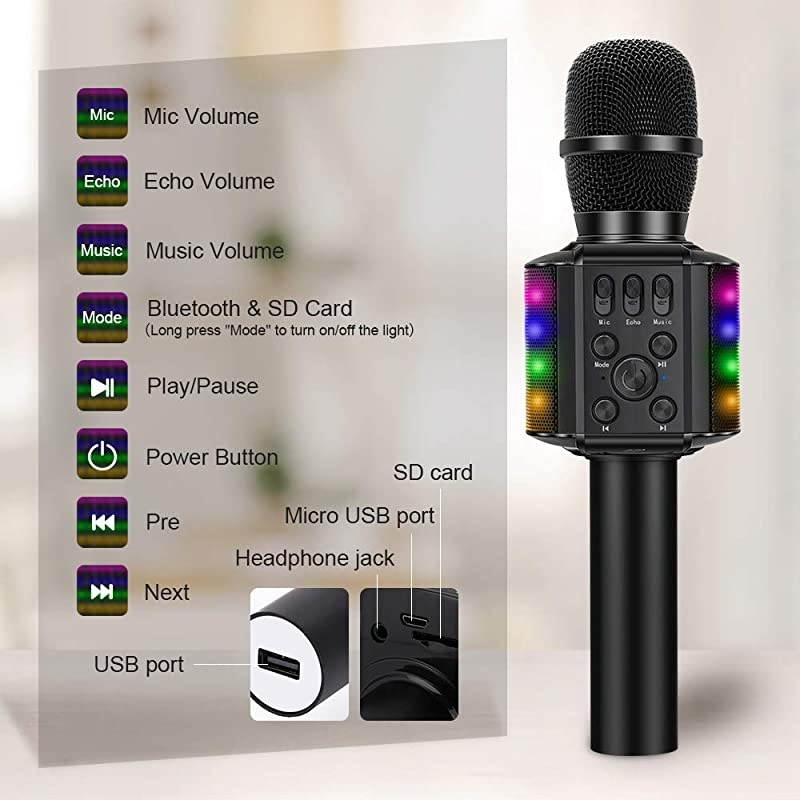 Wireless Bluetooth Karaoke Microphone with controllable LED Lights, 4 in 1 Portable Karaoke Machine Mic Speaker Birthday Home Party for All Smartphones PC(Q36 Black)