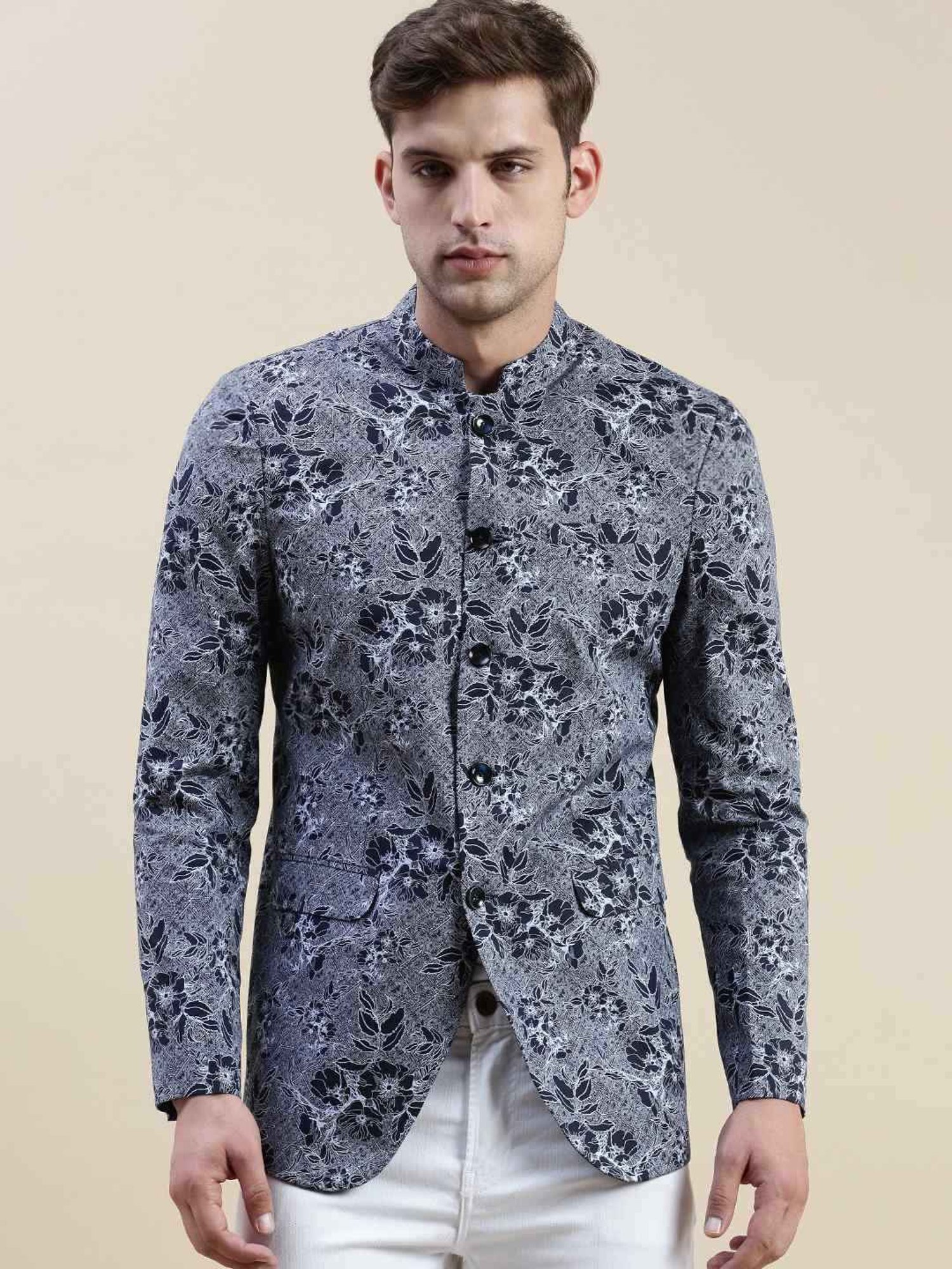SHOWOFF Grey Cotton Slim Fit Printed Blazer