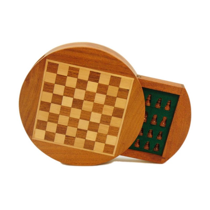 6" Magnetic Round Wood Inlaid Chess Game Set with Slide Drawer