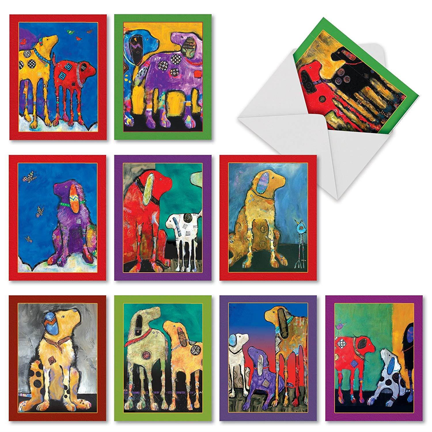 10 Assorted Thank You Notes with Graphics of Artistically Painted Dogs - &lsquo;Painted Pups&rsquo; Colorful Gratitude Greeting Card Set (4'' x 5 &frac14;'') for Any Occasion - M2320